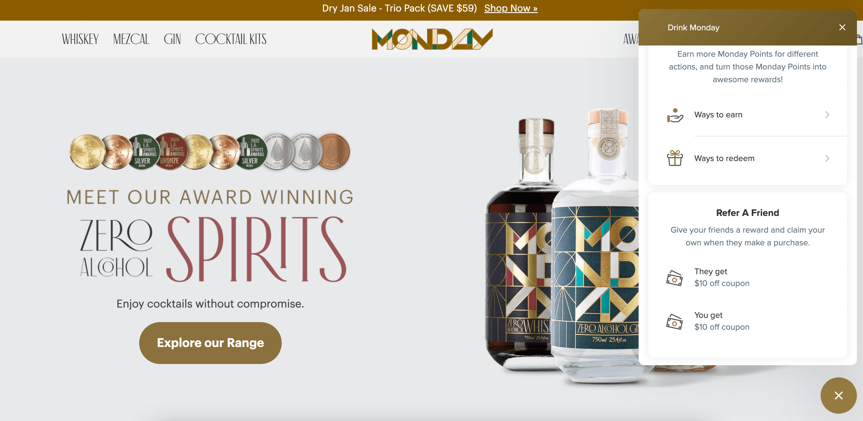 screenshot of Drink Monday website with their rewards panel on the screen