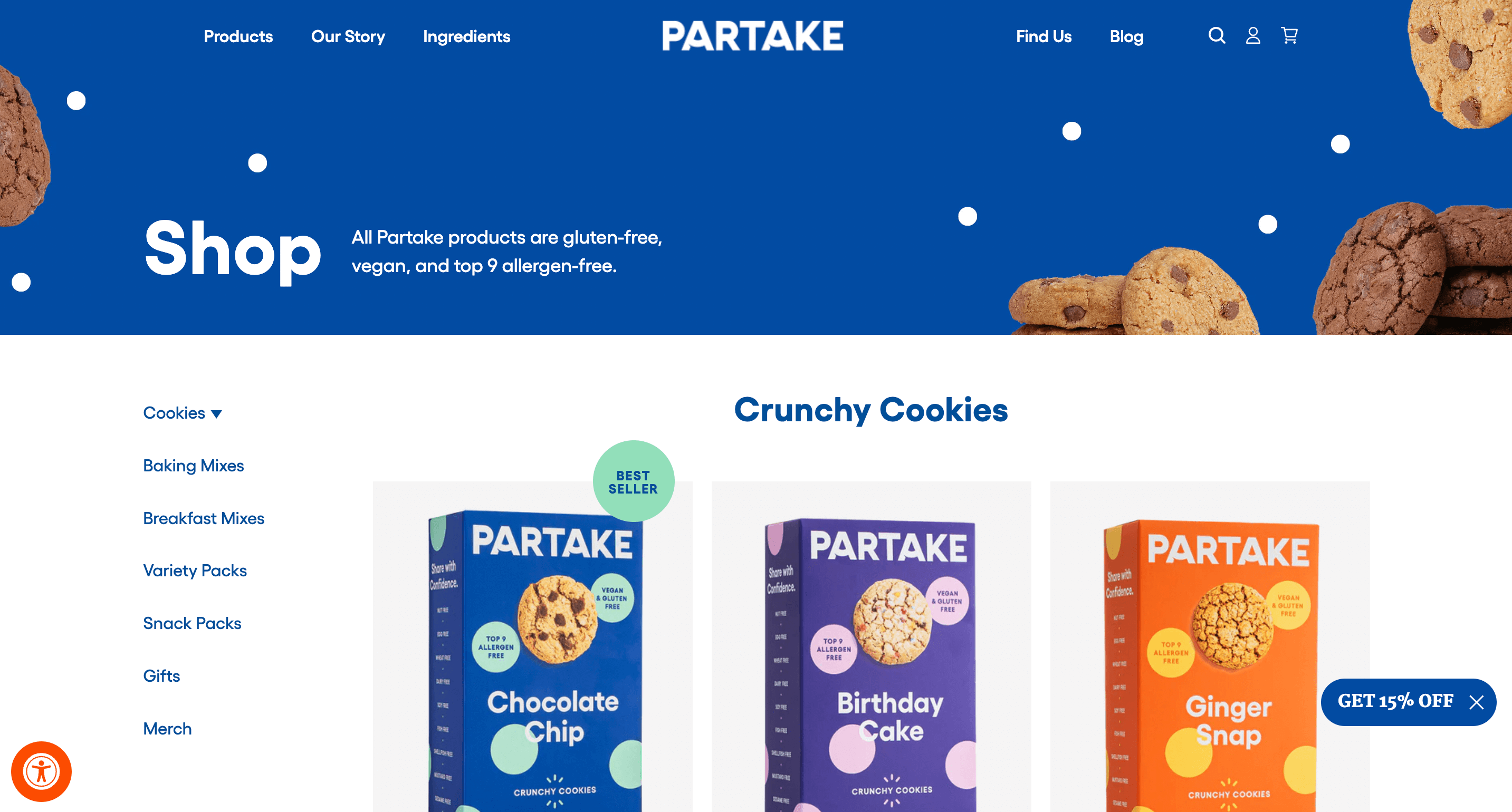 screenshot of partake foods shopping page with cookies