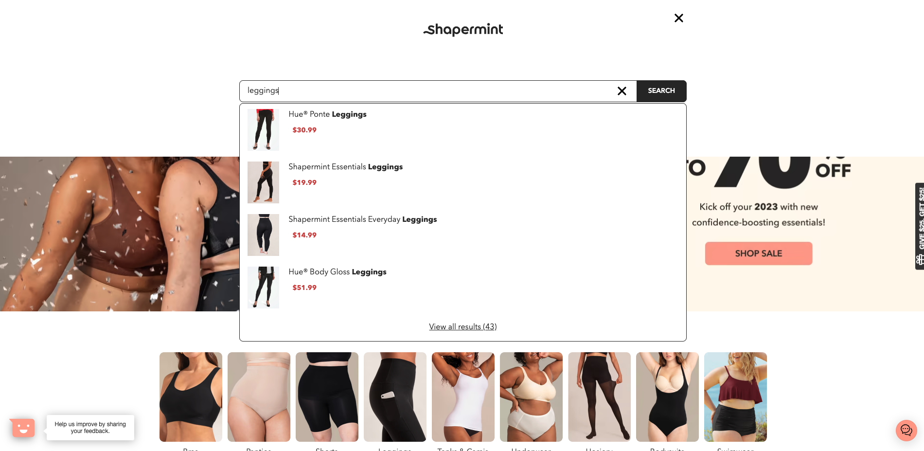 screenshot of Shapermint website showing a dynamic search bar