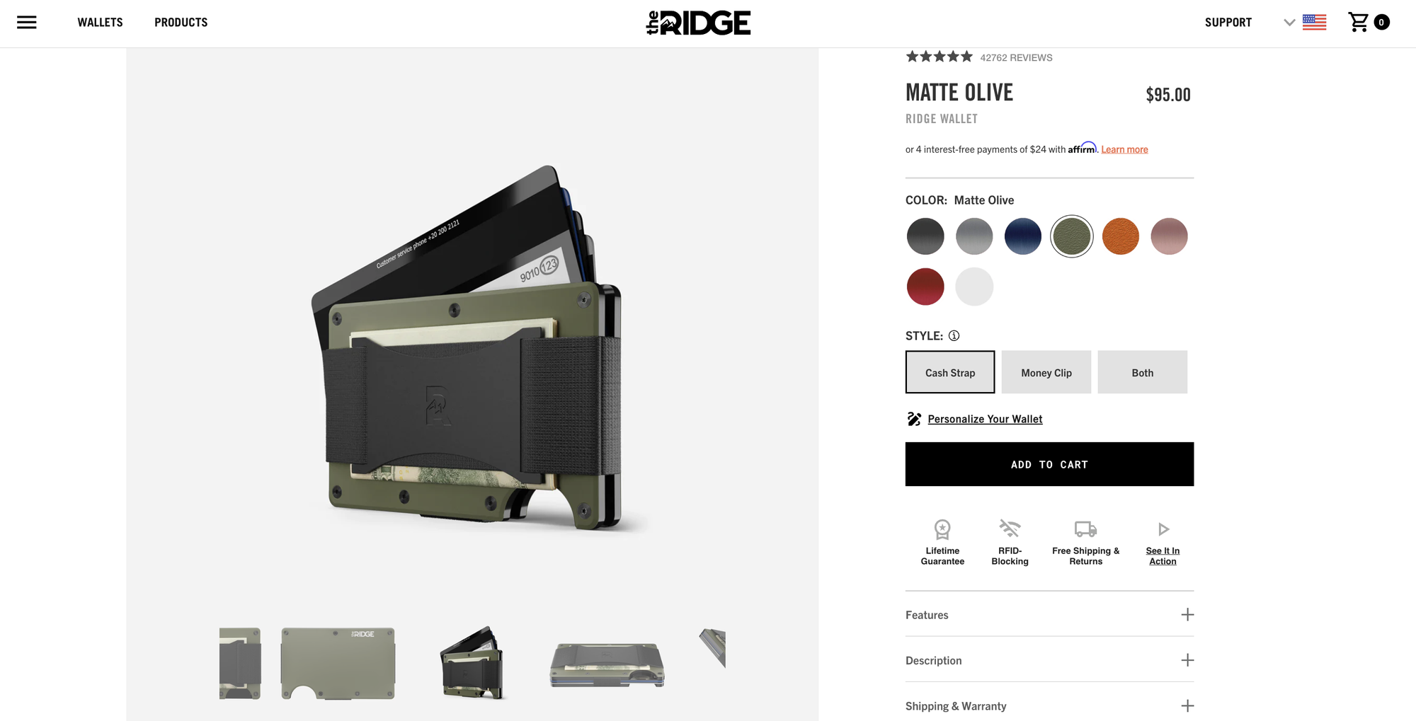 Screenshot of the ridge product page