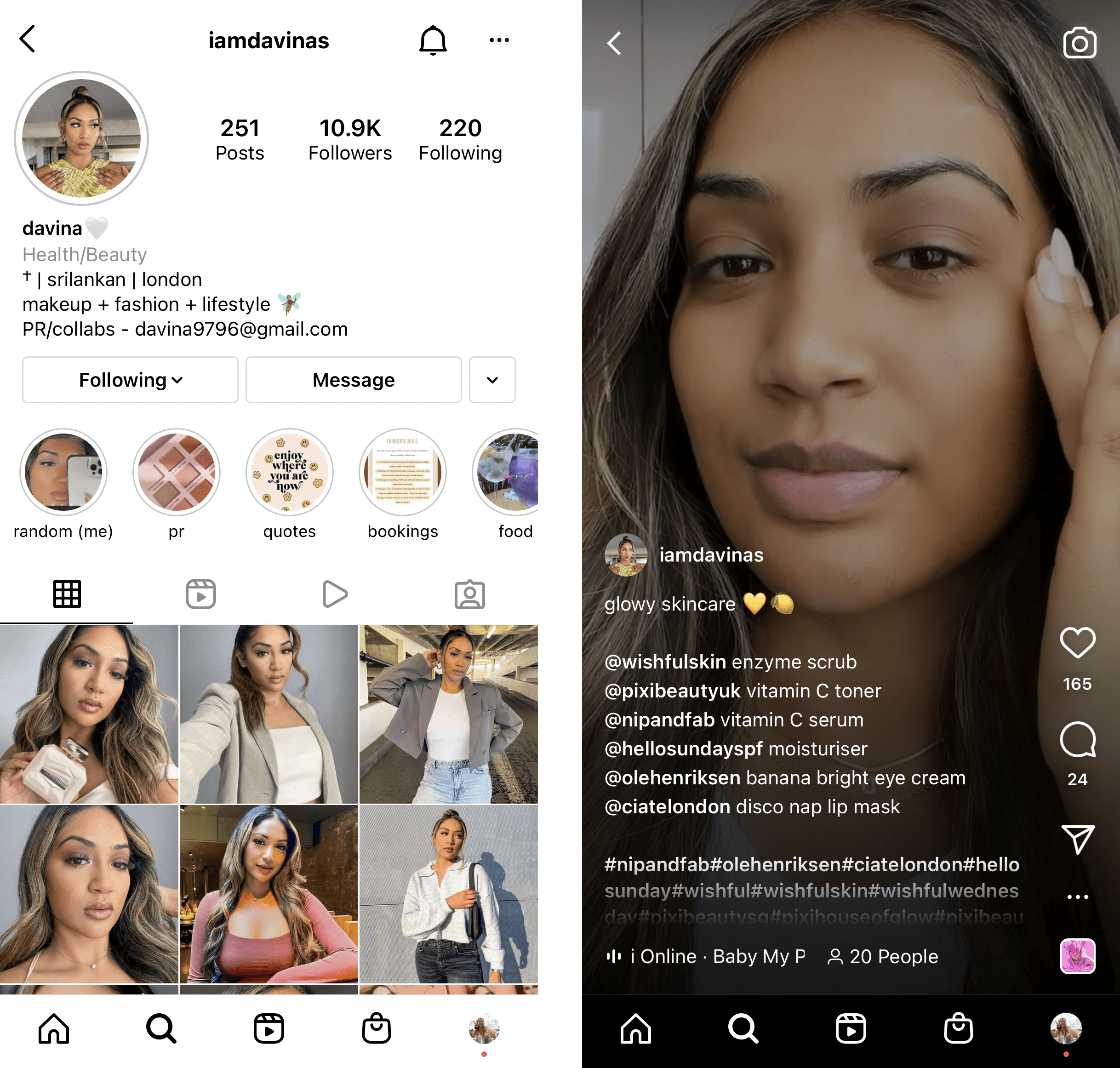Micro Influencer–This shows two screenshots of London-based makeup, fashion, and lifestyle micro influencer, Davina. One shows her Instagram profile and one shows a screenshot of her ‘glowy skincare’ routine reel including Hello Sunday SPF’s moisturiser.