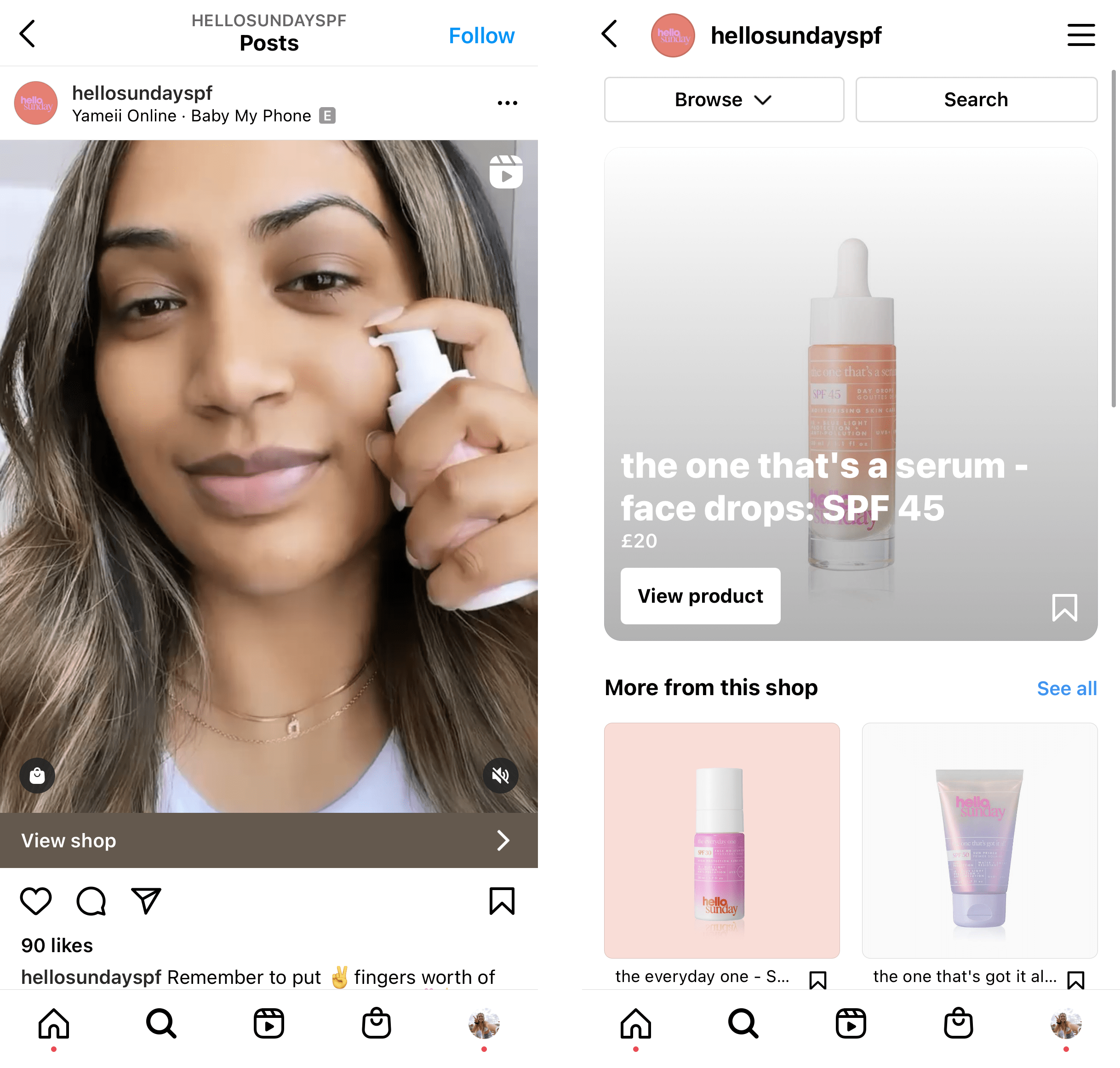 Micro Influencers–These screenshots show Davina’s Instagram reel featured on Hello Sunday SPF’s Instagram page, as well as their Instagram shop featuring a variety of their products.