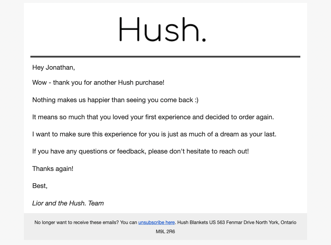 post purchase emails - Hush second purchase email screenshot