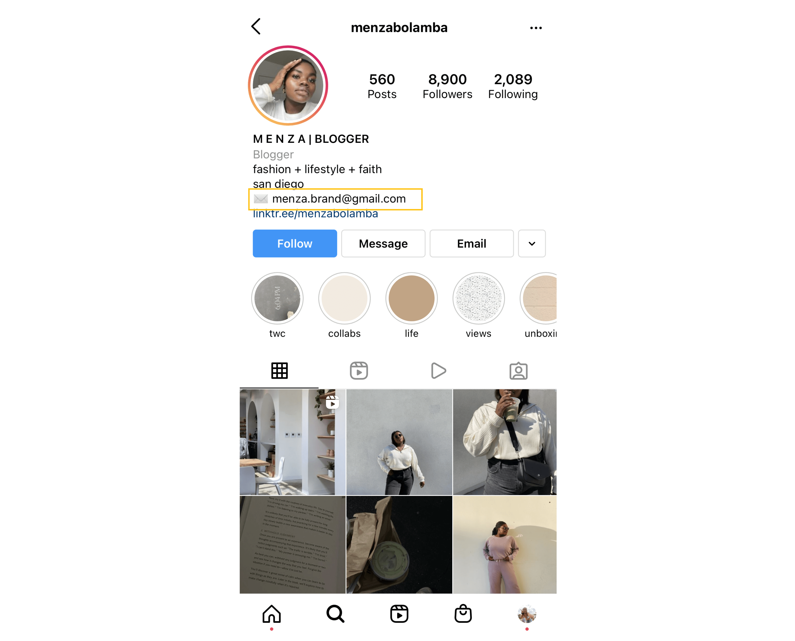 This photo shows the profile for fashion, lifestyle, and faith blogger, Menza, who works with beauty brand Summer Fridays. This screenshot emphasizes the email ‘menza.brand@gmail.com’ included in the bio.