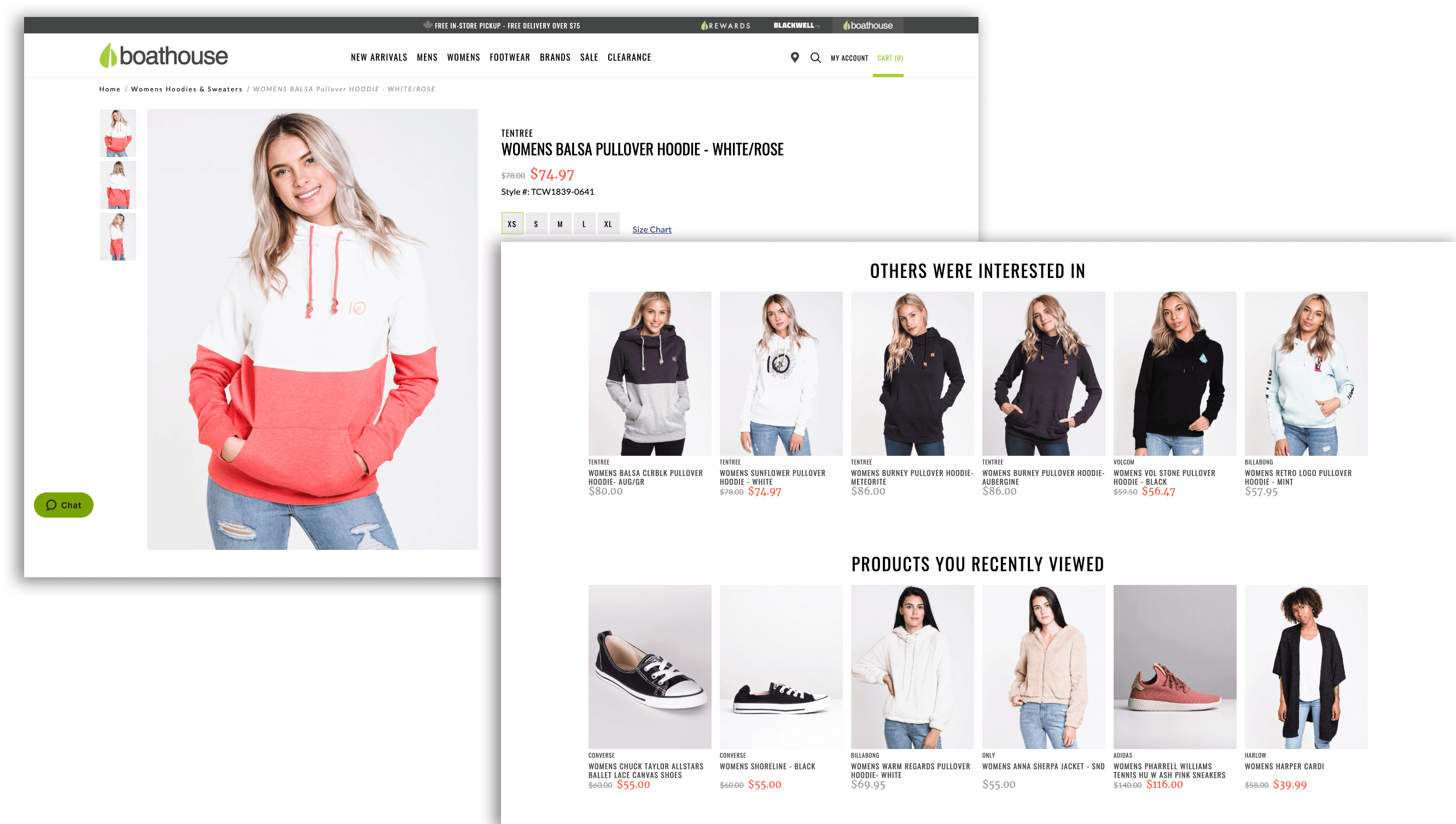 Ecommerce Personalization Tactics–Screenshots from the Boathouse website. The first shows the product page for a hoodie. The second shows the lower half of the page which displays 