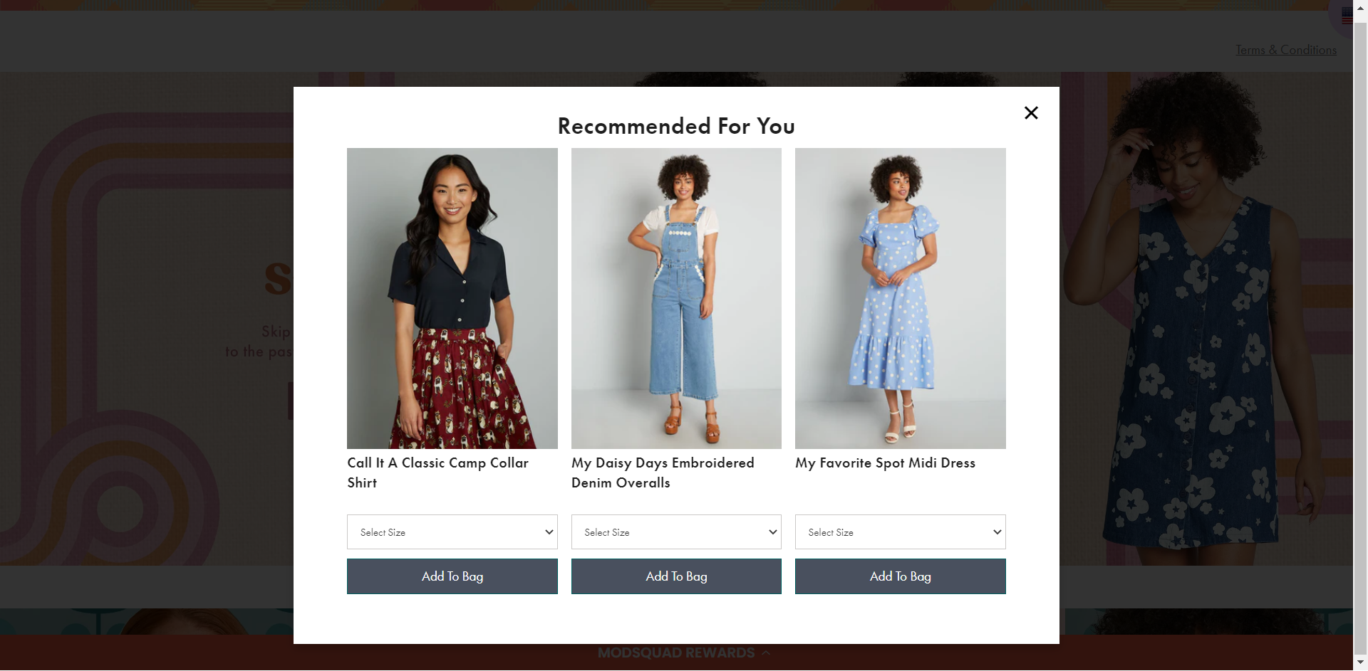 Ecommerce Personalization Tactics–A screenshot from ModCloth's website. It shows a pop-up window with 3 "Recommended For You" products. 