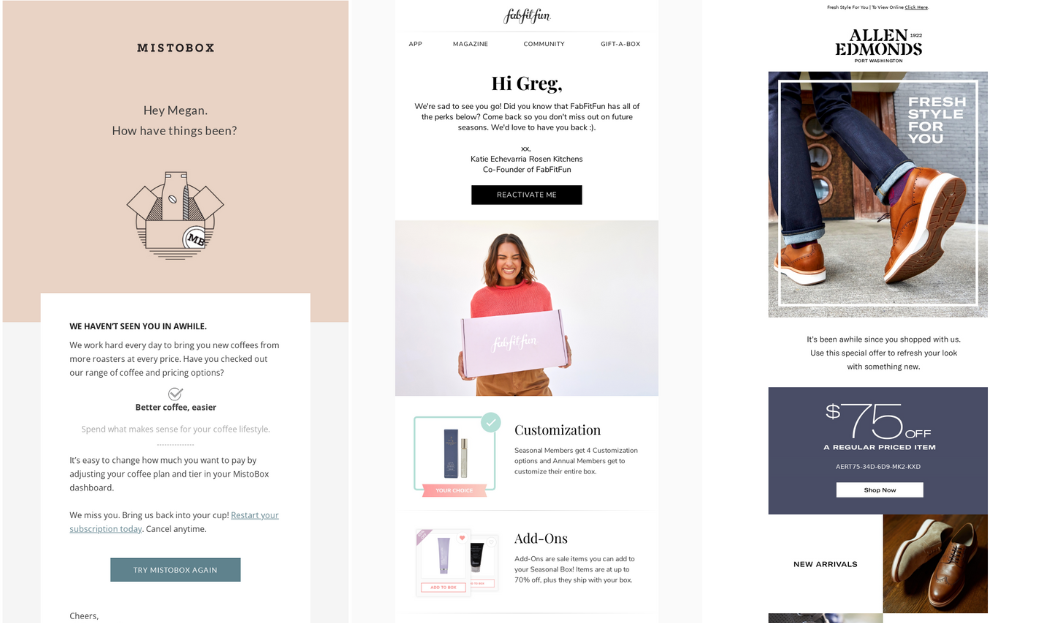 Ecommerce Personalization Tactics–The image shows screenshots of 3 email newsletters from MistoBox, FabFitFun, and Allen Edmonds. They are personalized, re-engagement email campaigns. 