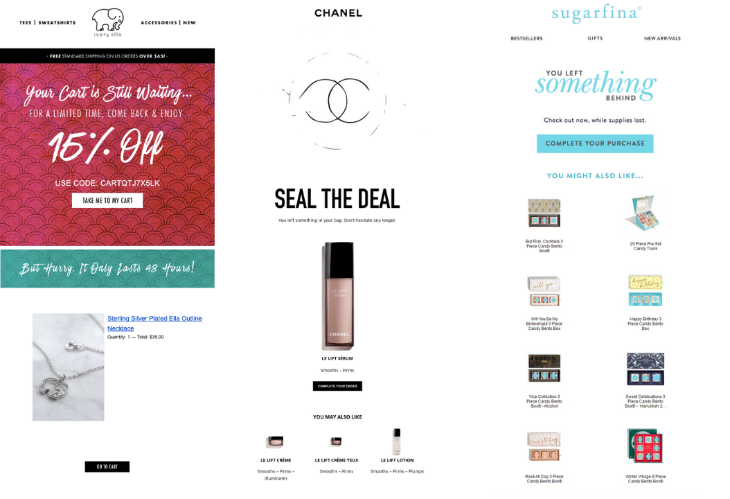 Ecommerce Personalization Tactics–Screenshots of three email newsletters from Ivory Ella, Chanel, and Sugarfina. The emails are all personalized campaigns offering discounts or personalized offers. 