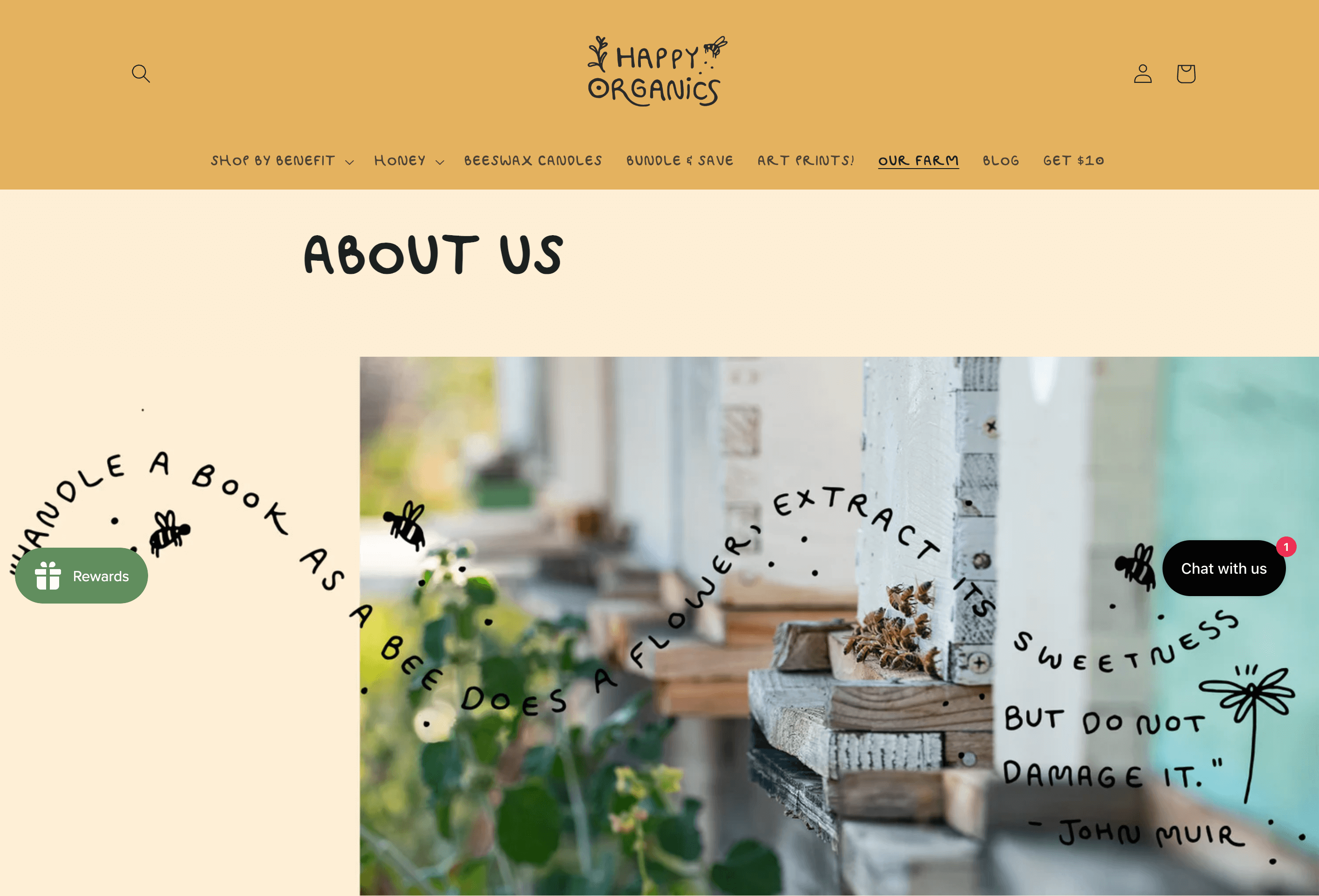 Women Ecommerce Entrepreneurs–A screenshot of Happy Organics’ About Page. There is an image of several bees outside on a porch. On top there is a wavy pattern of bubble font that says, “Handle a book as a bee does a flower, extract its sweetness but do not damage it. - John Muir”. 