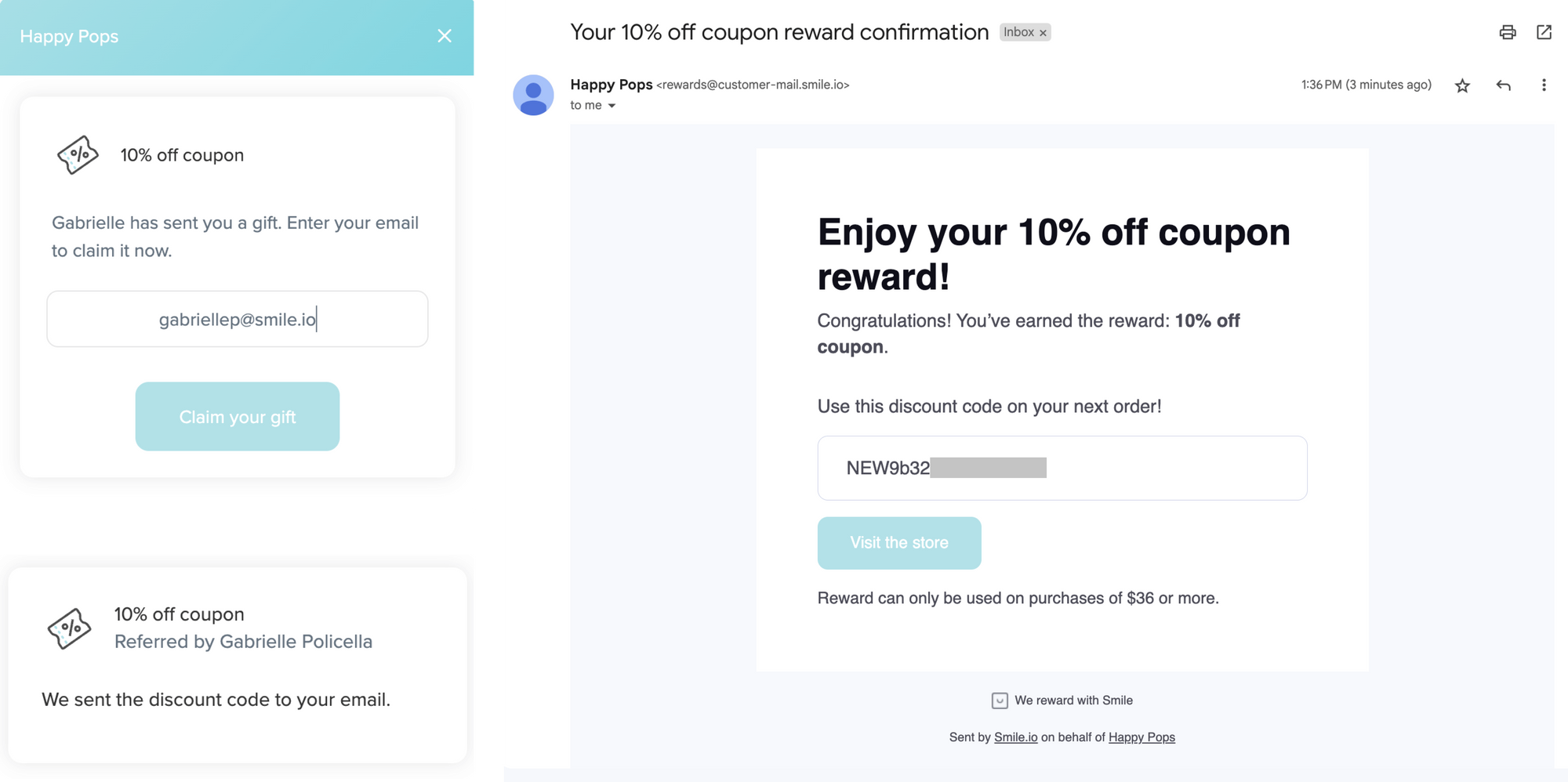Referral Traffic into Purchases–A screenshot showing Happy Pops’ rewards panel with a customer entering their email to claim their reward. There is another screenshot beside that one showing an email titled, “Enjoy your 10% off coupon reward!” with the discount code the customer needs to redeem their reward. 