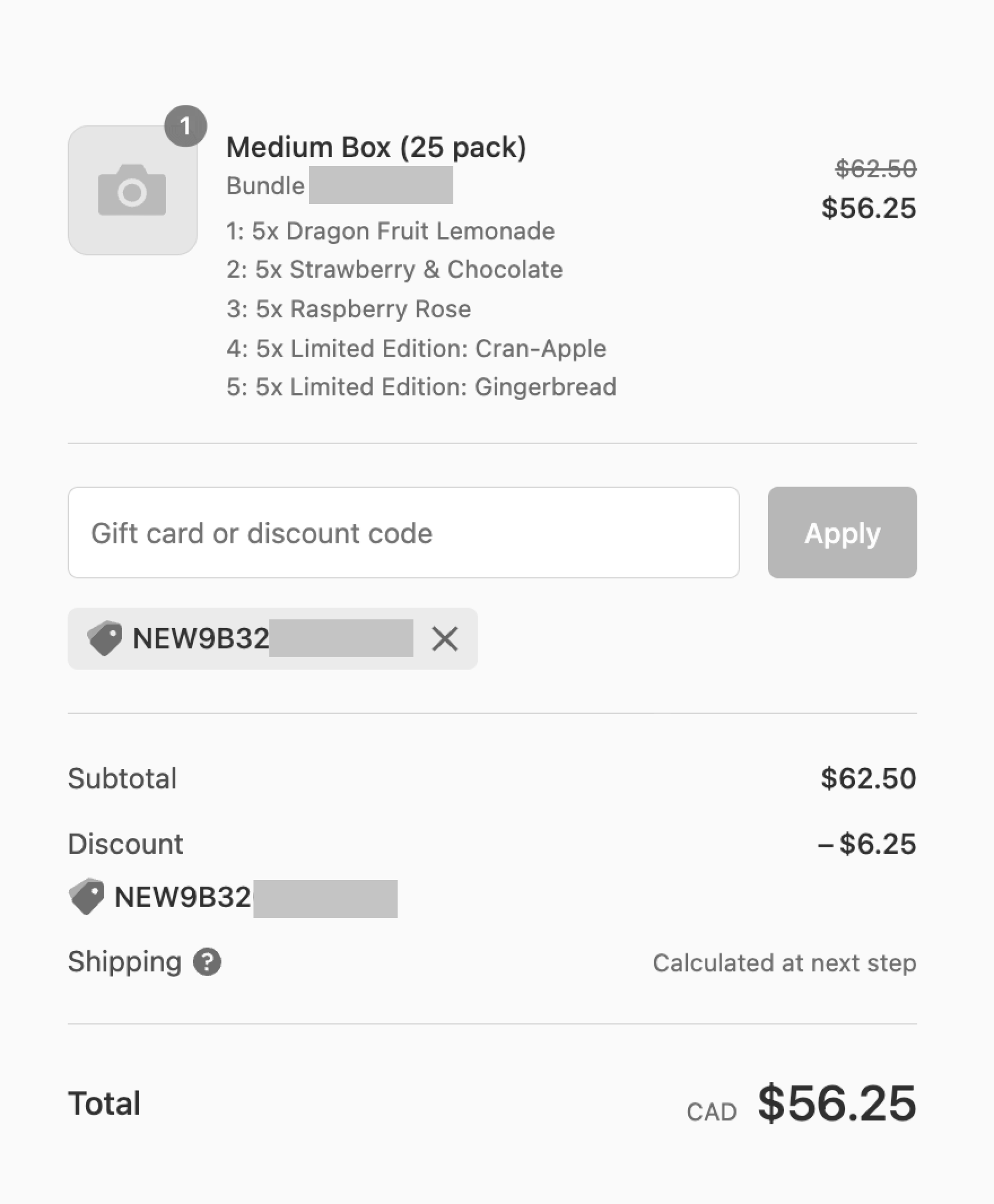 Referral Traffic into Purchases–A screenshot of the checkout page on Happy Pops’ website. It shows the items, total subtotal price of $62.50, and applied coupon that gave the customer a discount of $6.25. The total price is then $56.25.