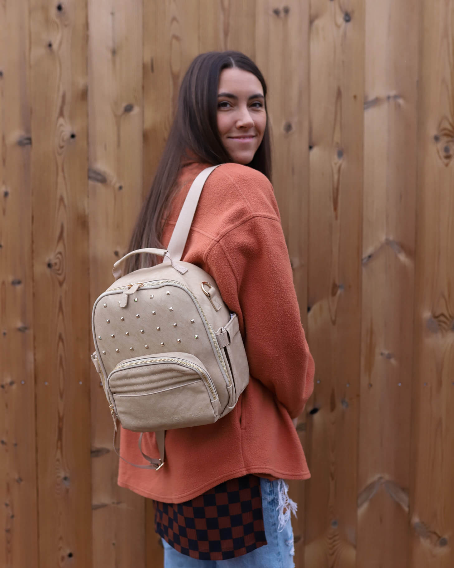 close up shot of Mallory with a Rad Rev bag