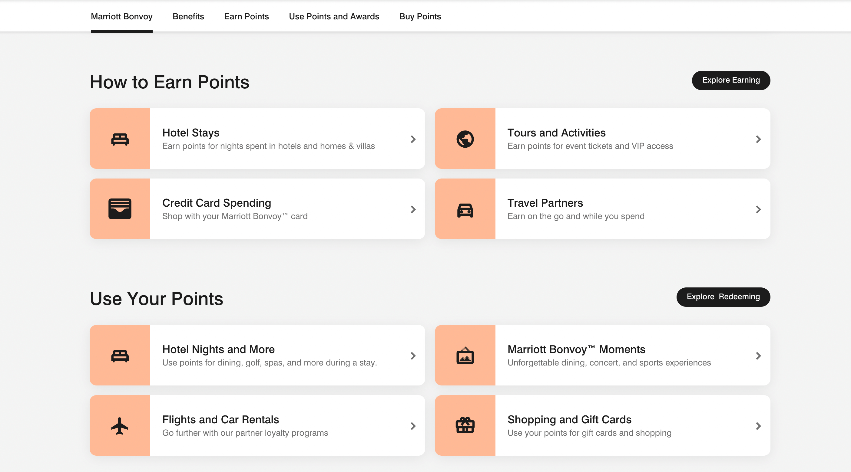 Marriott Rewards navigation bar