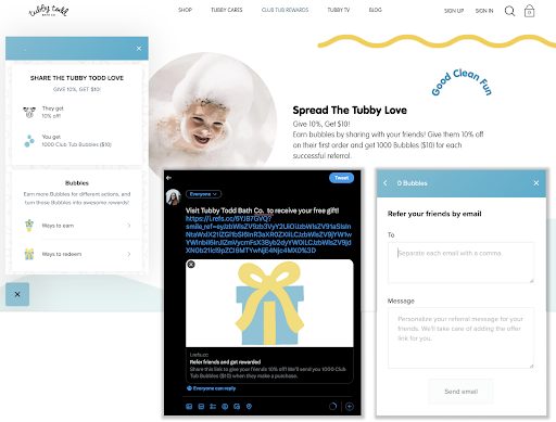 tubby todd examples of their referral messages across their website and social media