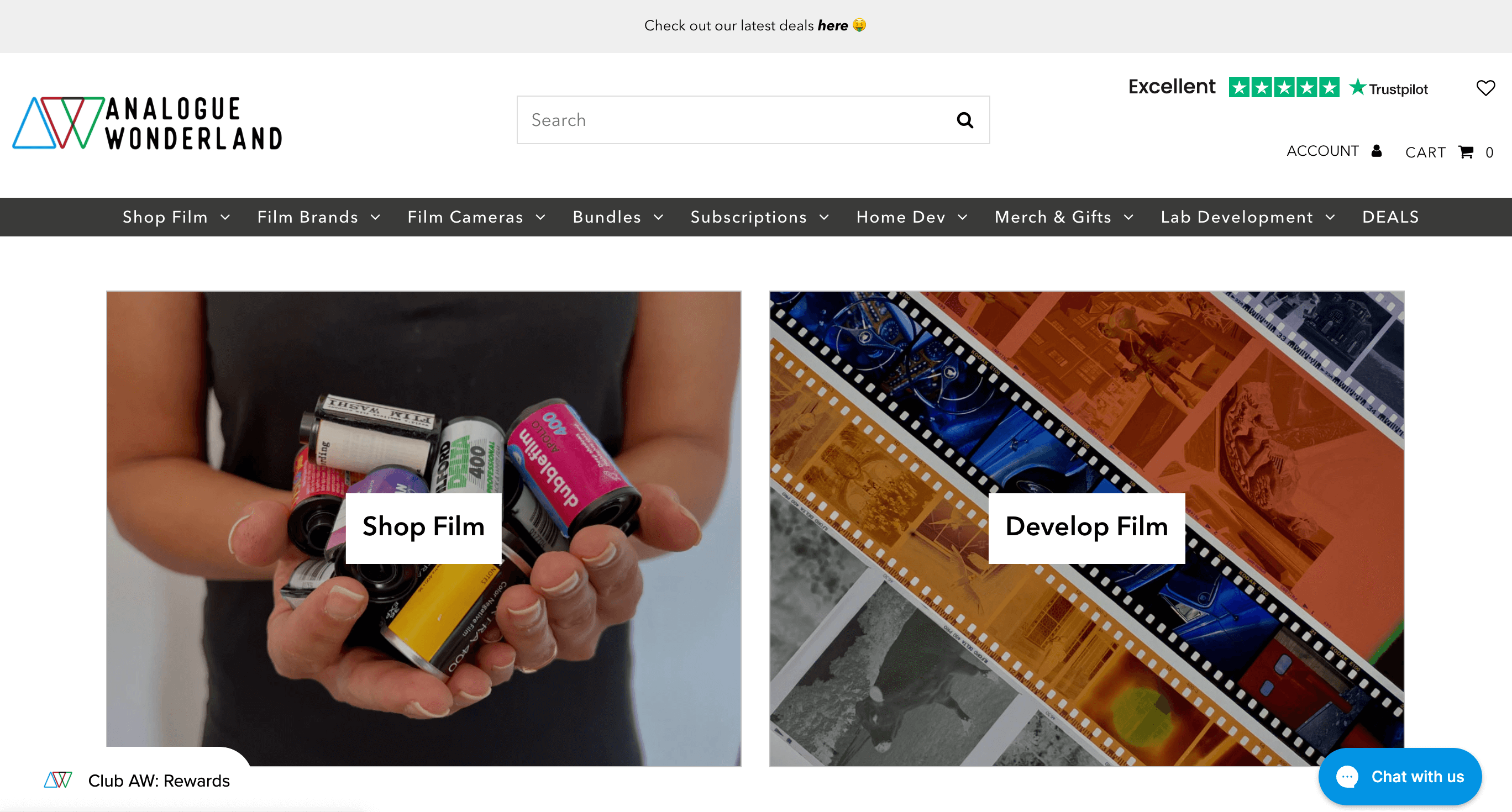 Storytelling Brands–Analogue Wonderland’s homepage showing two CTA options: Shop Film and Develop Film. 