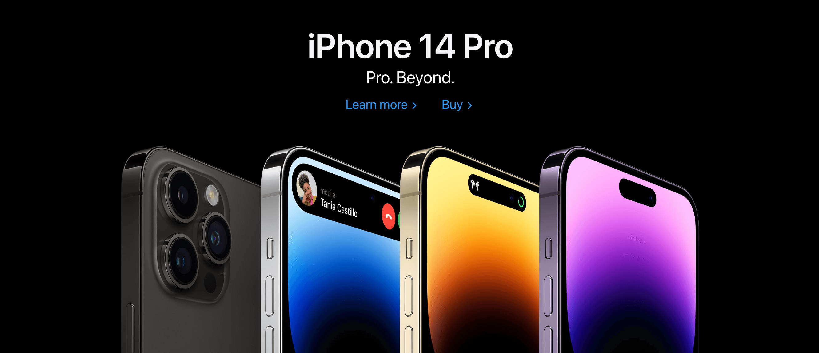 Storytelling Brands–Apple’s homepage showing an image of 4 iPhone 14 Pros, standing side by side. 