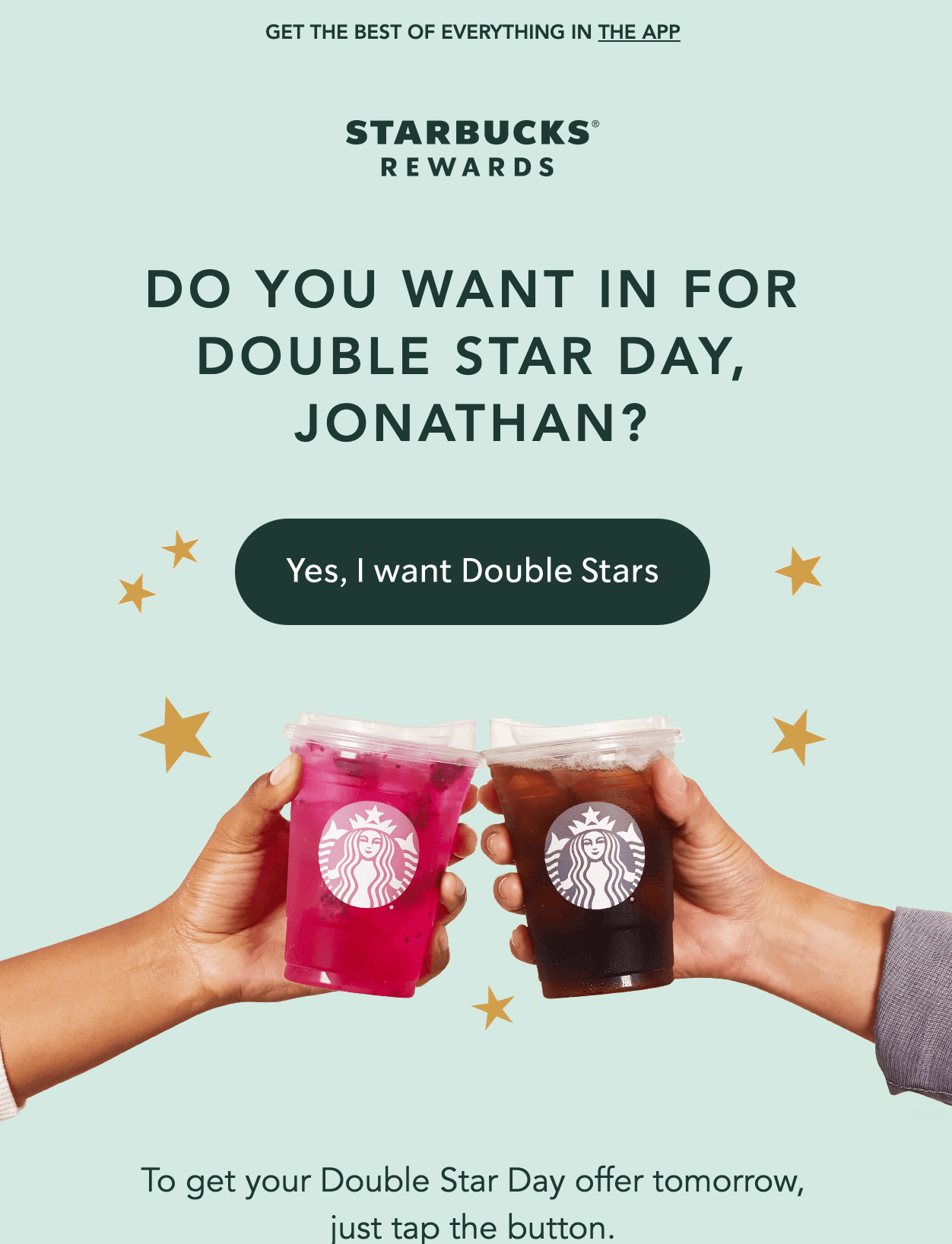 Starbucks Rewards example with two starbucks drinks 