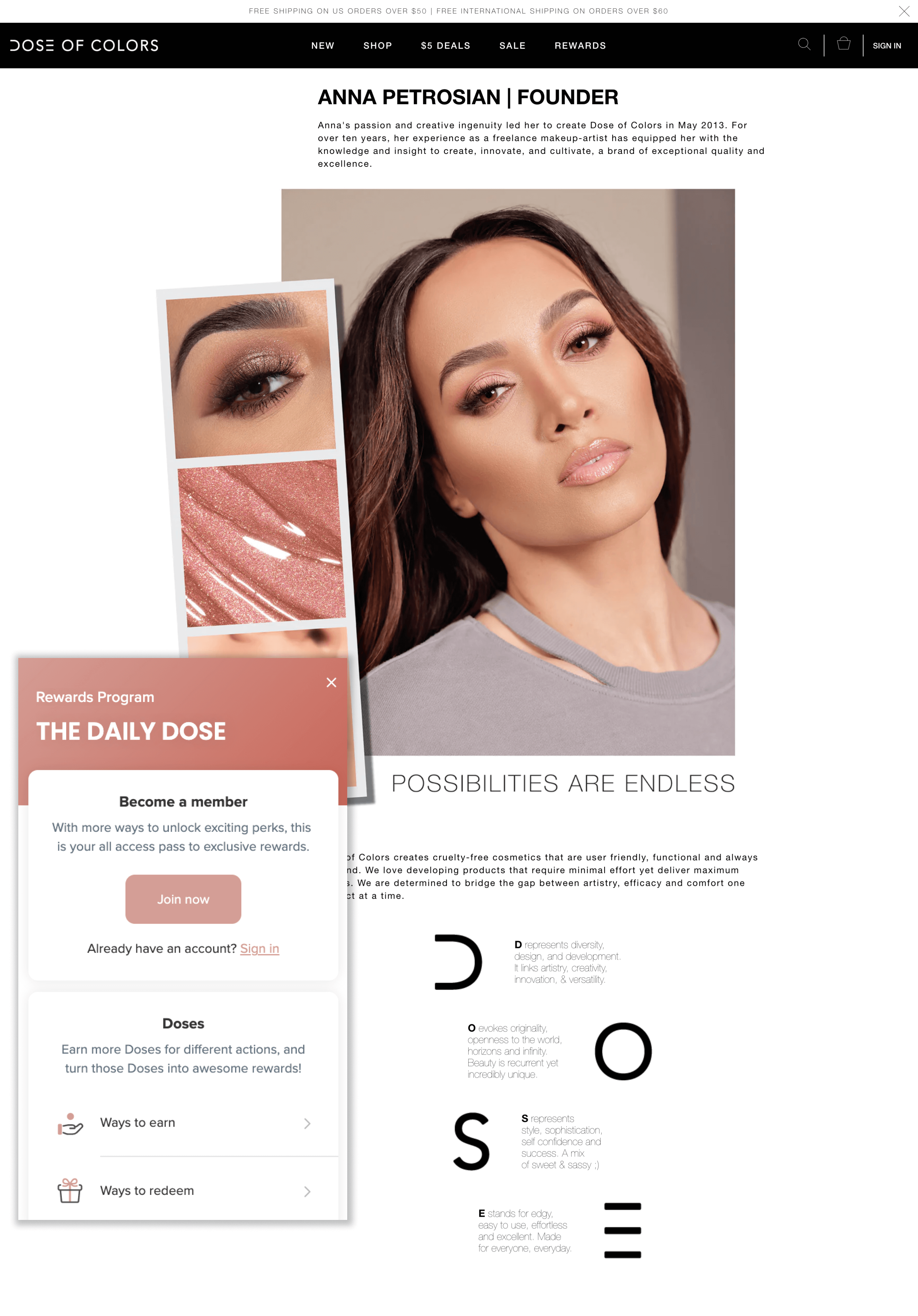 7 VIP Program Examples–A screenshot from Dose of Colors About page. There is an image of the founder, text explaining her and the brand, and a rewards panel encouraging customers to join the program.