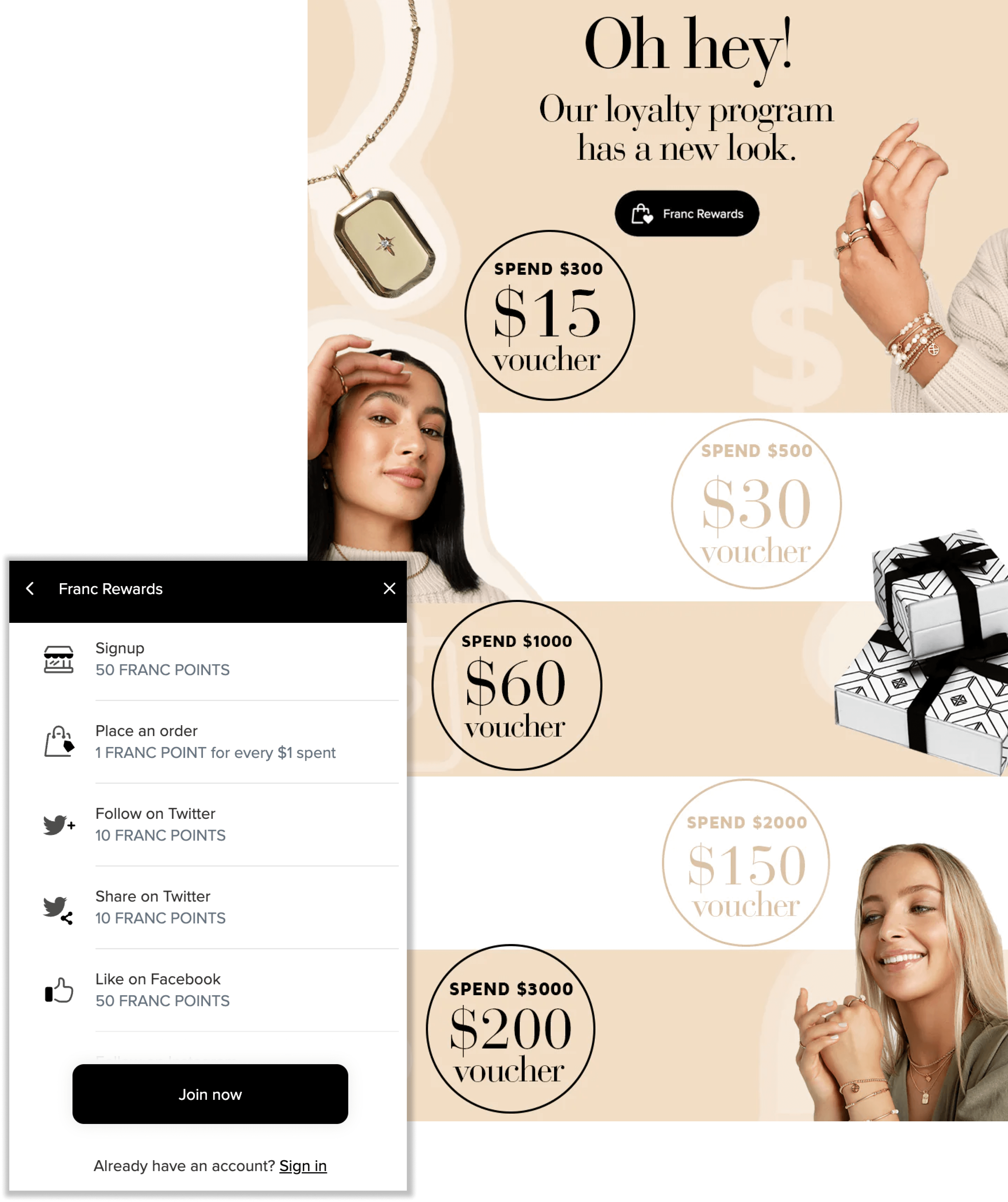 Francesca’s rewards program explainer page and rewards panel. The page shows a graphic with multiple levels of rewards. Surrounding these graphics are images of women wearing jewelry, gift boxes, and product shots of jewelry. The rewards are: Spend $300 for a $15 voucher, spend $500 for a $30 voucher, spend $1000 for a $60 voucher, spend $2000 for a $150 voucher, and spend $3000 for a $300 voucher. The rewards panel shows the various ways to earn points including signing up, purchases, and interacting on Twitter or Facebook. 