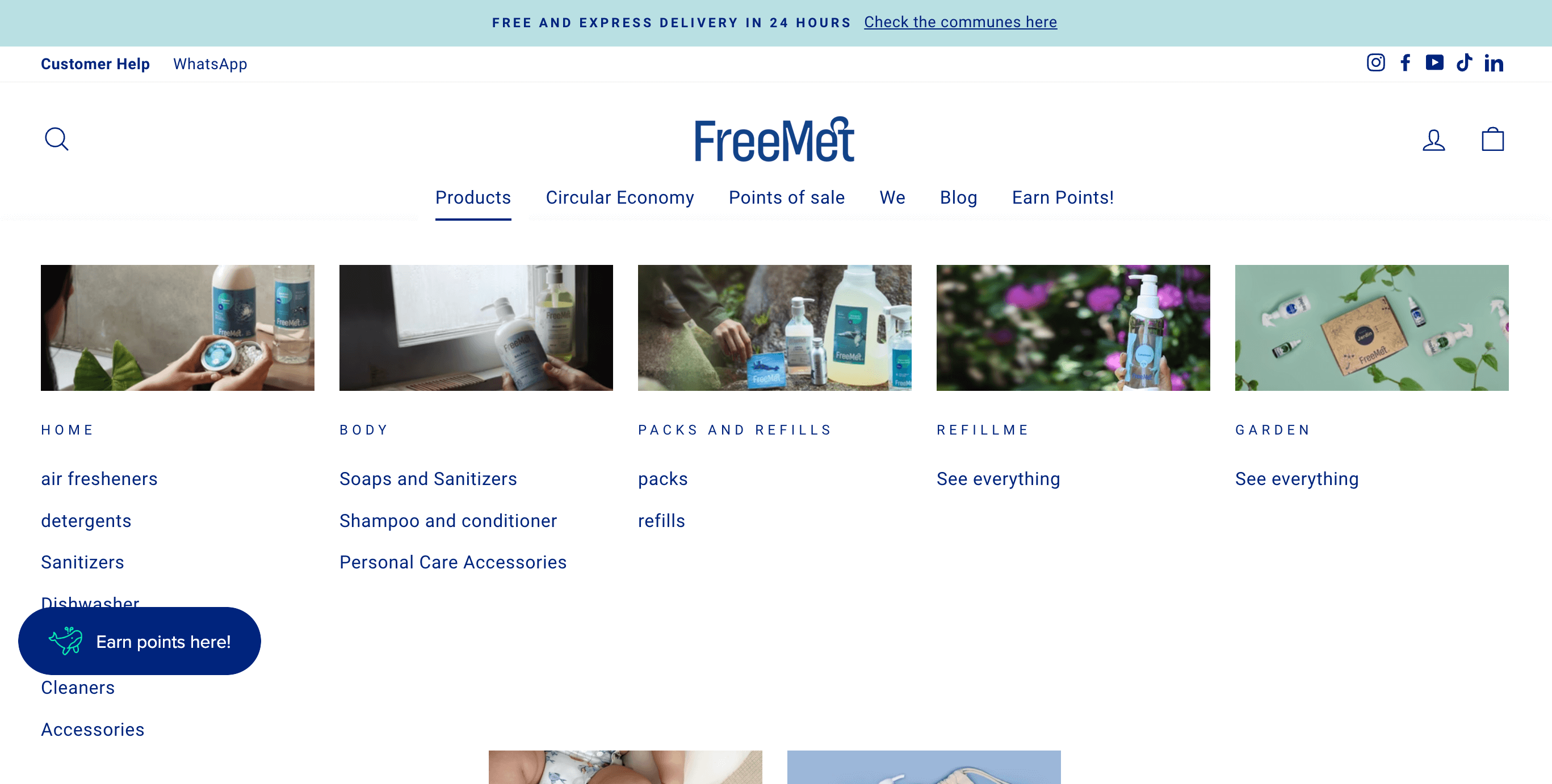 Sustainable brands–A screenshot from FreeMet’s homepage showing its drop-down menu of product categories: Home, Body, Packs and Refills, Refill Me, and Garden. 