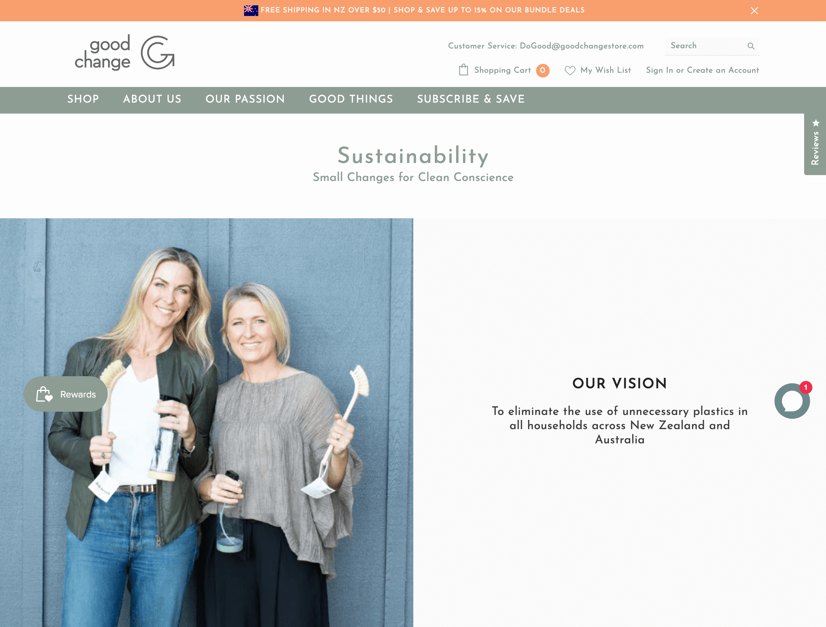Sustainable brands–A screenshot of Good Change Store’s sustainability page from its website. There is an image of the founders holding sustainable cleaning products next to its vision statement: To eliminate the use of unnecessary plastic in all households across New Zealand and Australia. 