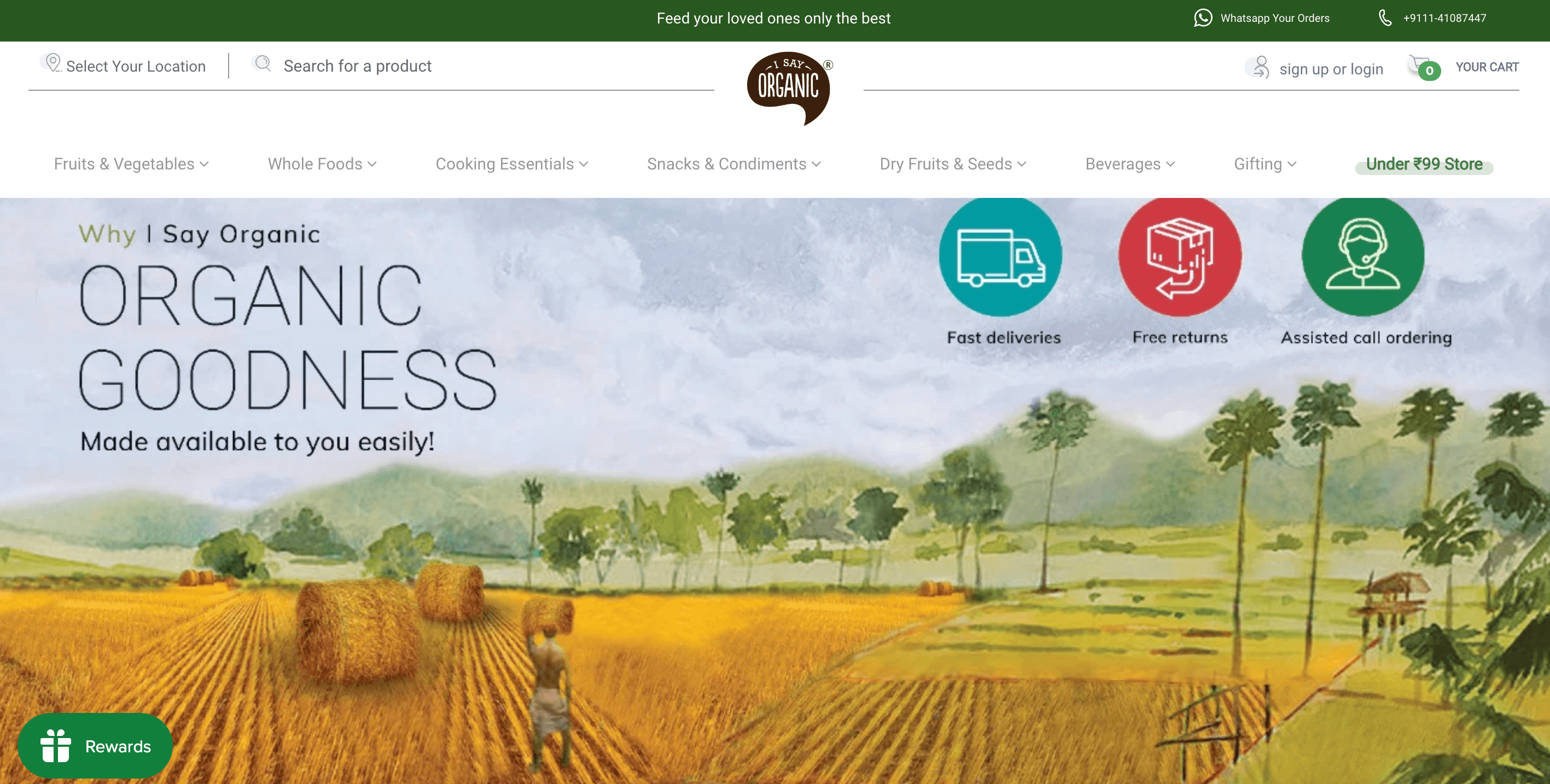 Sustainable brands–A screenshot of I Say Organic’s homepage. The banner image is a watercolor drawing of a wheat farm with greenery in the background. The text overlaying the image says: Why I Say Organic? Organic goodness made available to you easily!