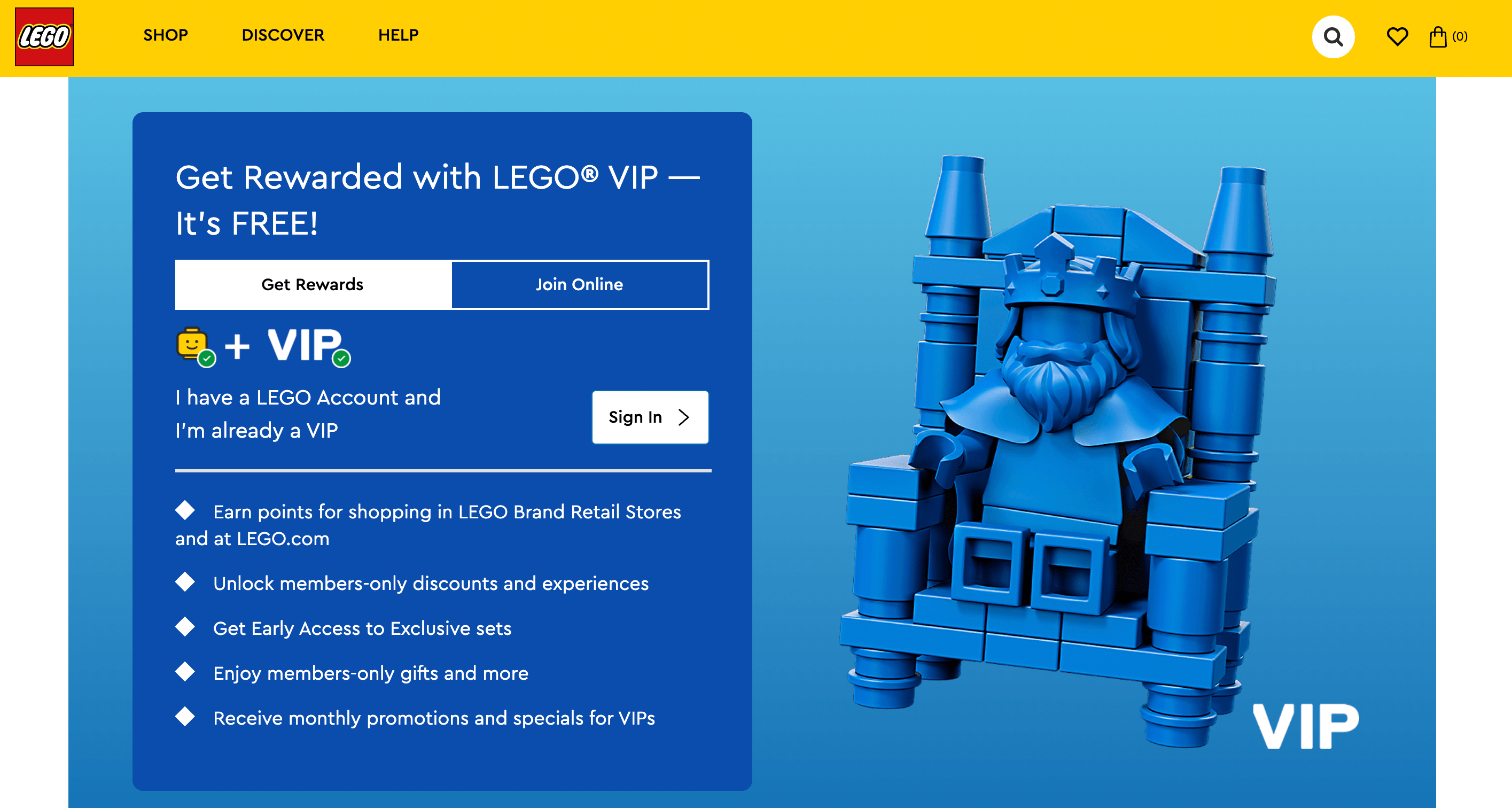 screenshot of lego vip rewards homepage