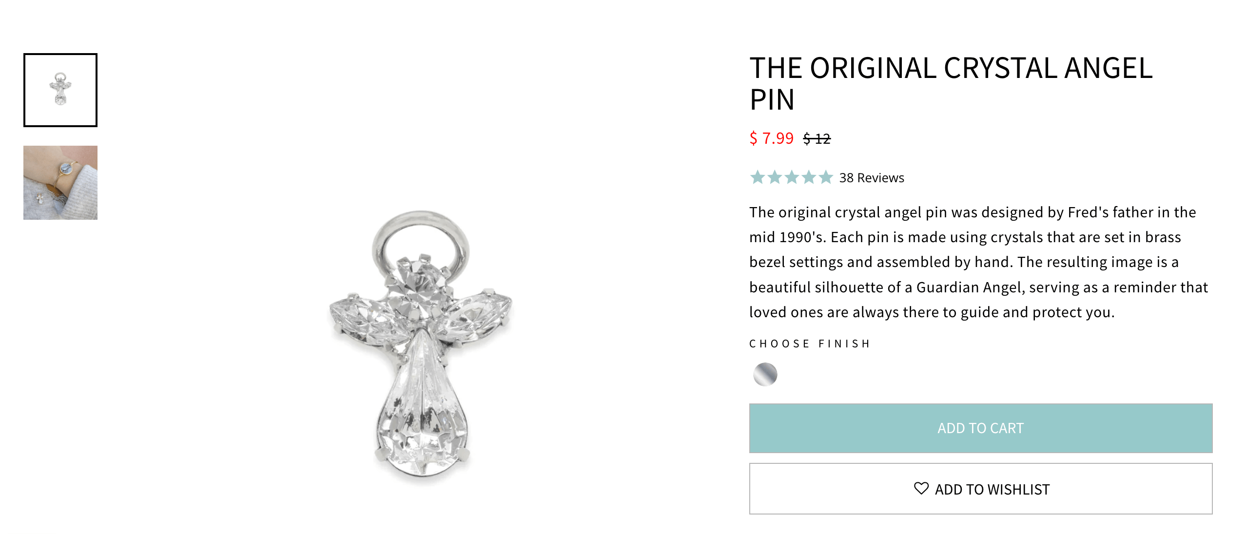 Storytelling Brands–A screenshot from Luca + Danni’s product page for The Original Crystal Angel Pin. There is an image of a crystal pin shaped like an angel next to the following product description: The original crystal angel pin was designed by Fred's father in the mid 1990's. Each pin is made using crystals that are set in brass bezel settings and assembled by hand. The resulting image is a beautiful silhouette of a Guardian Angel, serving as a reminder that loved ones are always there to guide and protect you. 