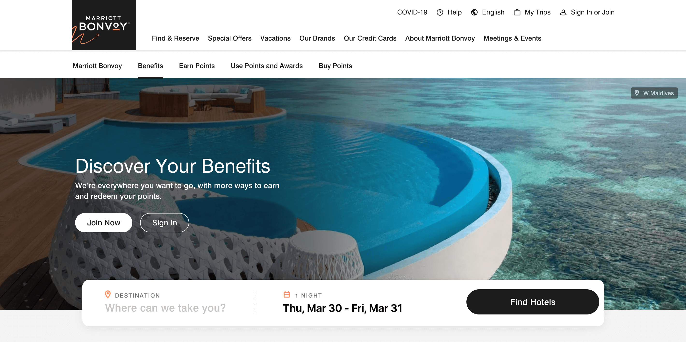 7 VIP Program Examples–A screenshot from the “Benefits” page in the Marriott Bonvoy rewards portal. There is a banner image from their hotel in the Maldives with a title reading, “Discover Your Benefits”. There is a call-to-action to join the program as well as a search bar to look for hotels. 