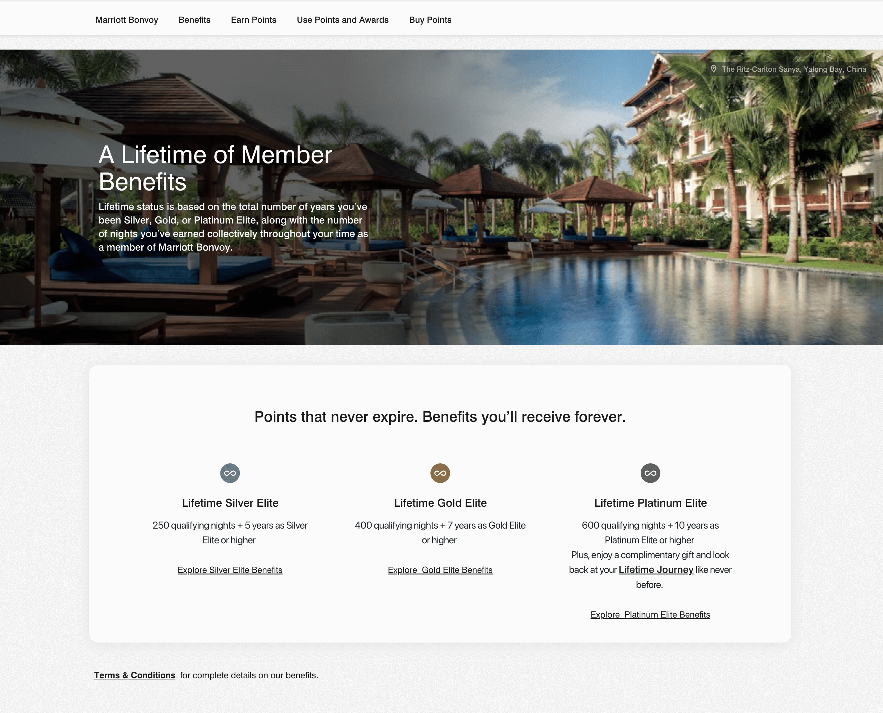 7 VIP Program Examples–A screenshot from the Lifetime Membership page in the Marriott Bonvoy Rewards panel. There is a banner image of a pool at their Yalong Bay, China hotel with text reading, “A Lifetime of Member Benefits.” The page then explains the details of the three lifetime memberships–Lifetime Silver Elite, Lifetime Gold Elite, and Lifetime Platinum Elite. 