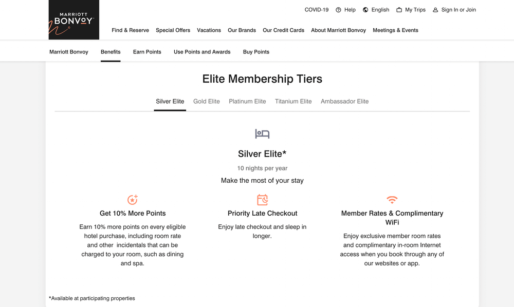 7 VIP Program Examples–A screenshot showing the details for Marriott’s Silver Elite tier, which requires 10 nights per year. There are details on the benefits including 10% more points, priority late checkout, and member rates with complimentary wifi. 