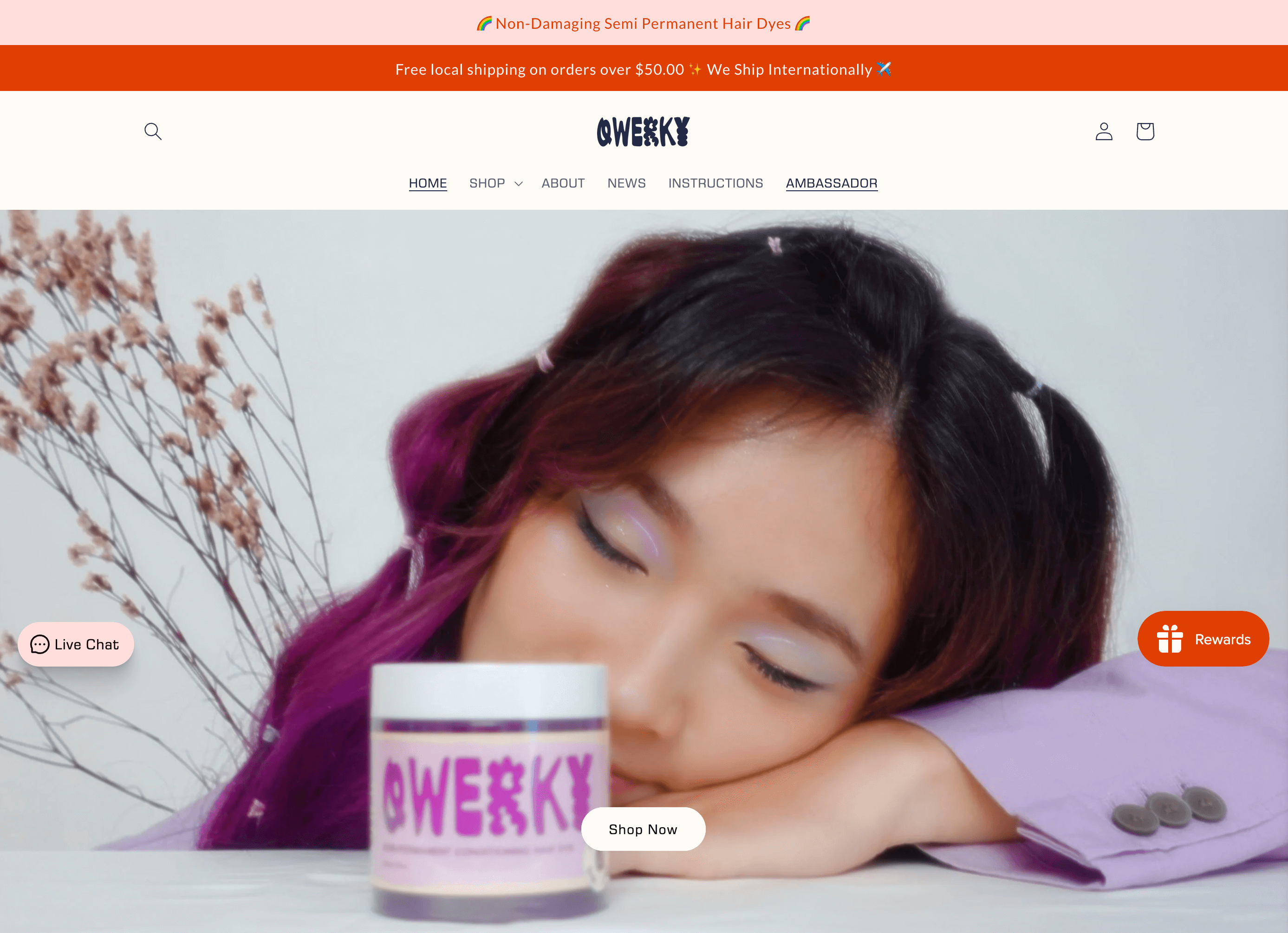 Storytelling Brands–QWERKY’s homepage of its website shows a banner image of a smiling, Asian woman with dip-dyed purple hair. In front of her face is a jar of QWERKY hair dye. 
