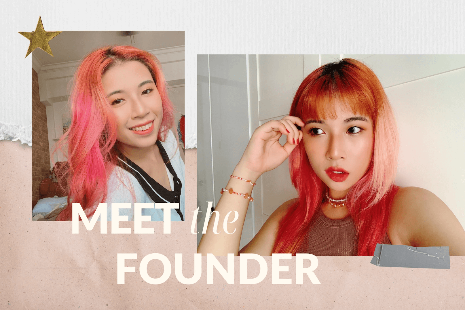 Storytelling Brand–QWERKY’s Meet the Founder page of its website shows two photos of its founder, Koh Qi Wen. She has neon pink hair in one image and ombre red and orange hair in the other. 