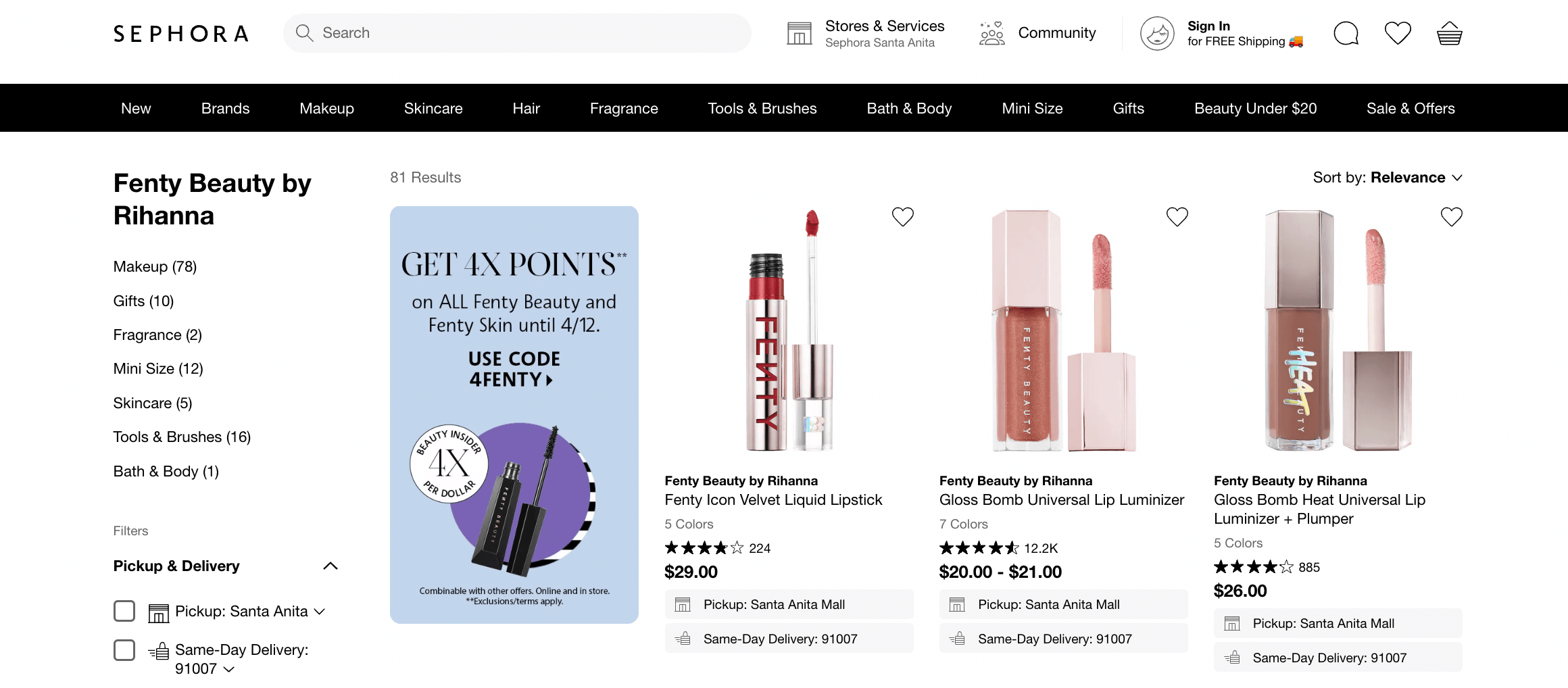 website screenshot of fenty skin 4x points