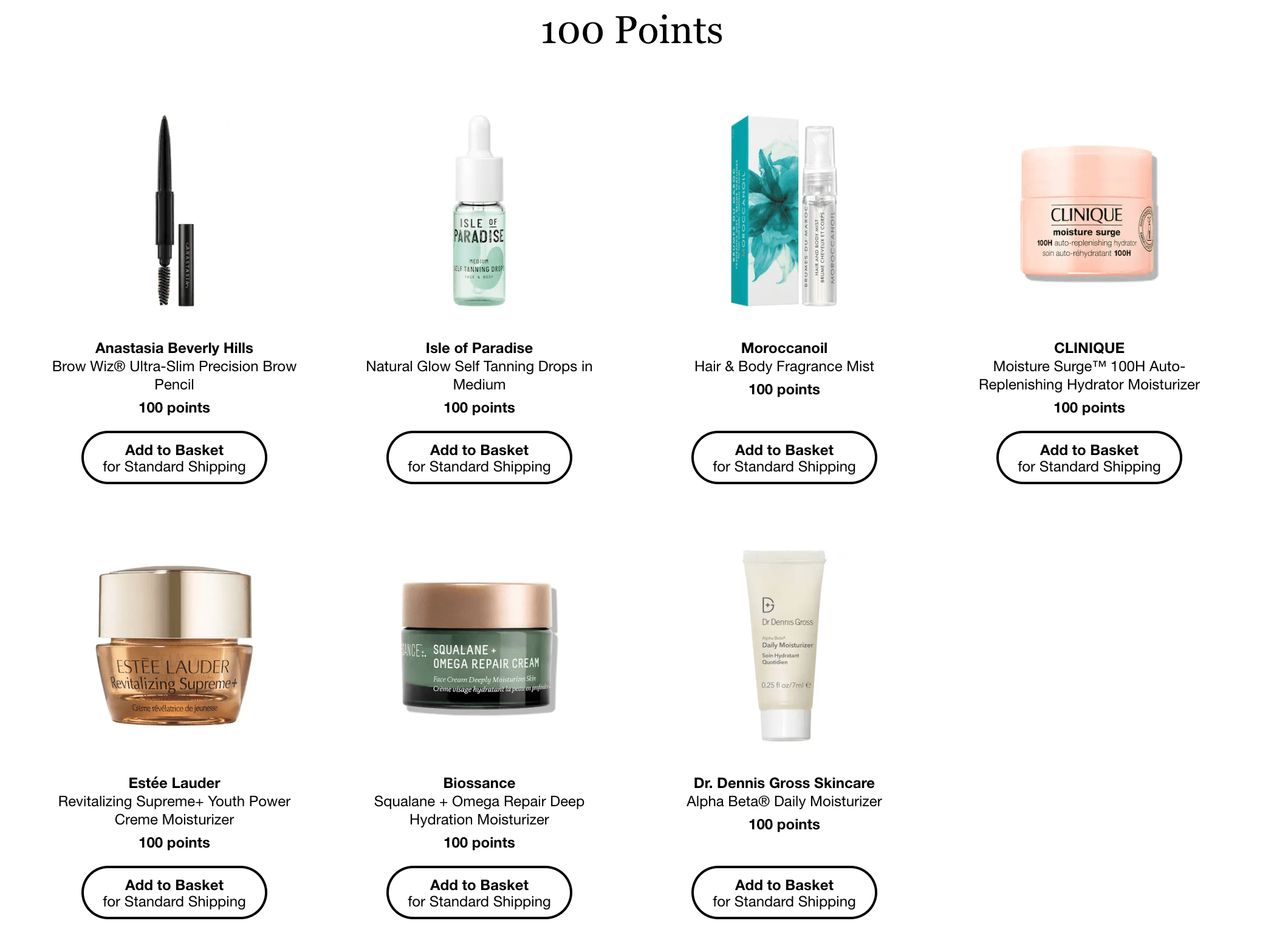 A screenshot from Sephora’s website showing the rewards redeemable for 100 points. There is an image of each product with a brief description below. The products are Anastasia Beverly Hills Brow Wiz Ultra-Slim Precision Brow Pencil, Isle of Paradise Natural Glow Self Tanning Drops in Medium, Moroccanoil Hair and Body Fragrance Mist, Clinique Moisture Surge 100H Auto-Replenishing Hydrator Moisturizer, Estée Lauder Revitalizing Supreme+ Youth Power Creme Moisturizer, Biossance Squalane Omega Repair Deep Hydration Moisturizer, and Dr. Dennis Gross Skincare Alpha Beta Daily Moisturizer. 