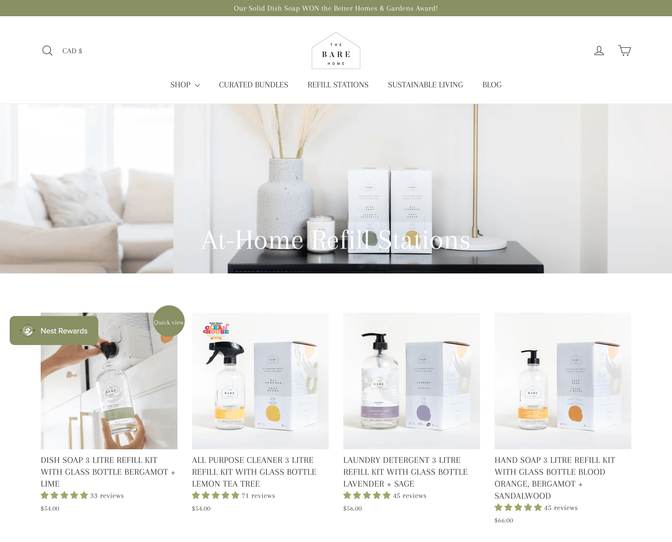 Sustainable brands–A screenshot of The Bare Home’s at-home refill stations product page showing four different types of refillable soaps and detergents.  