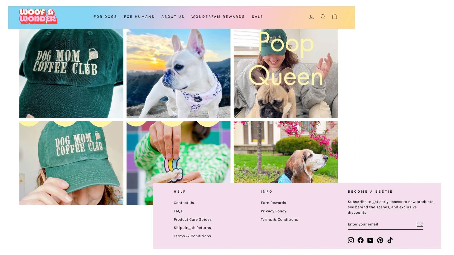 screenshot of Woof and Wonder homepage and footer page