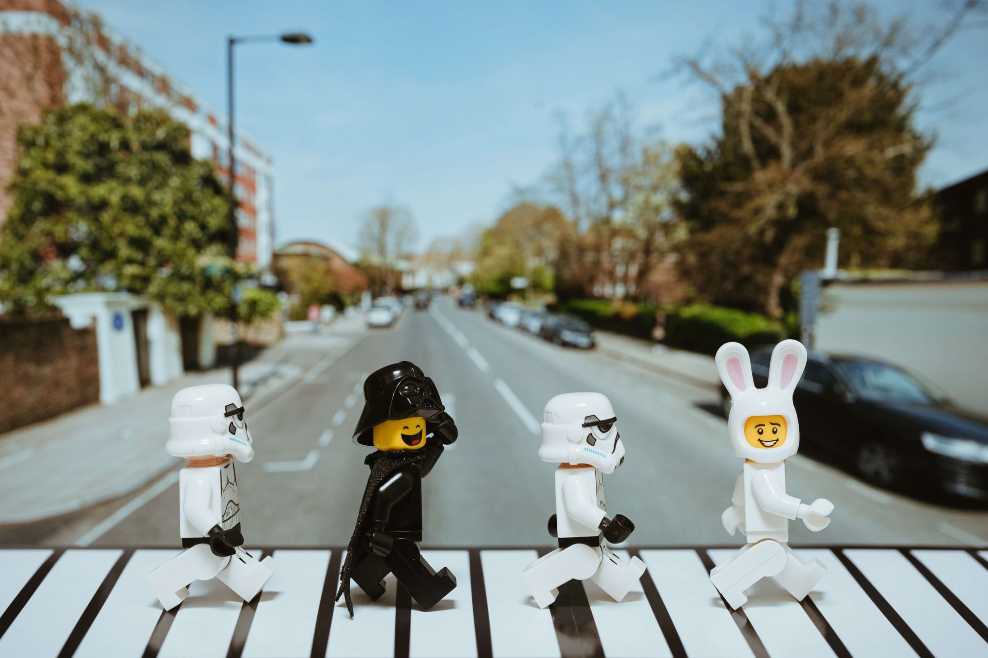 star wars LEGOS posing as the beatles on abbey road