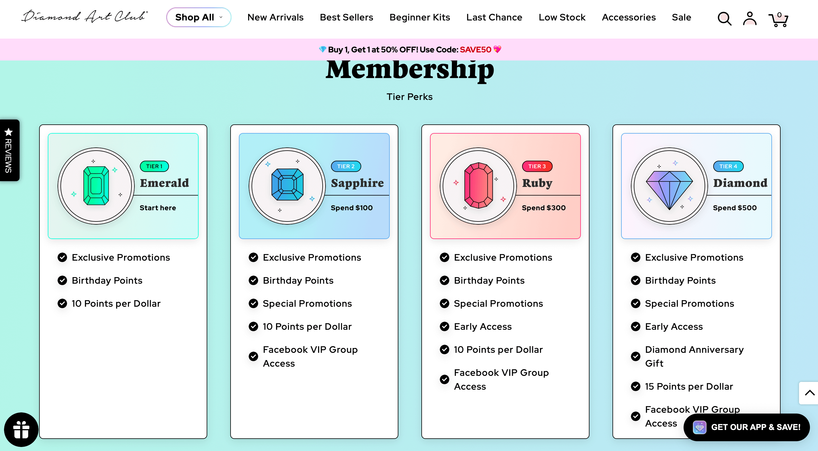 screenshot of diamond art club rewards tiers