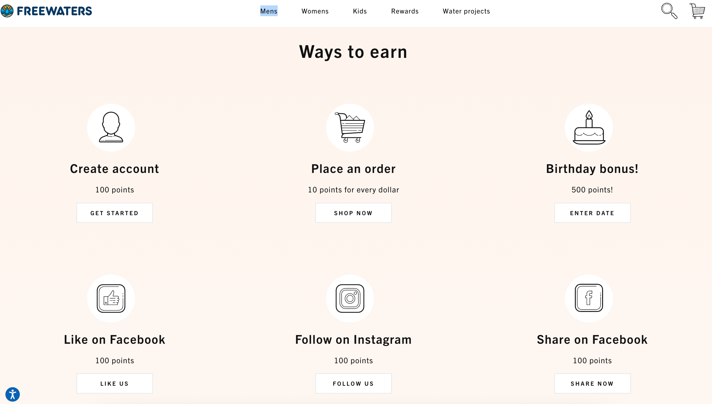 screenshot of freewater's loyalty and rewards program with its "ways to earn"