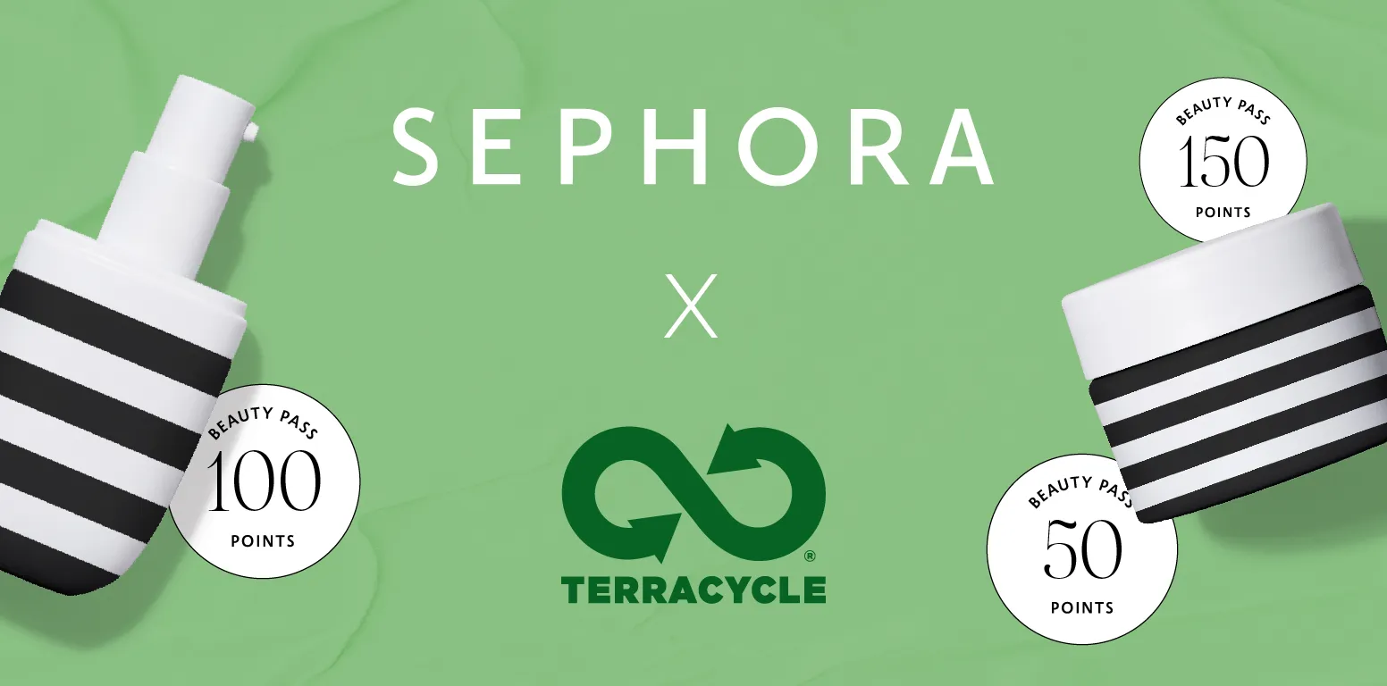 A screenshot from Sephora Australia’s website showing the Sephora X TerraCycle recycling program. There are images of branded Sephora products with graphics surrounding them saying Beauty Pass 50 points, Beauty Pass 100 points, and Beauty Pass 150 points, demonstrating eligible rewards for product recycling. 