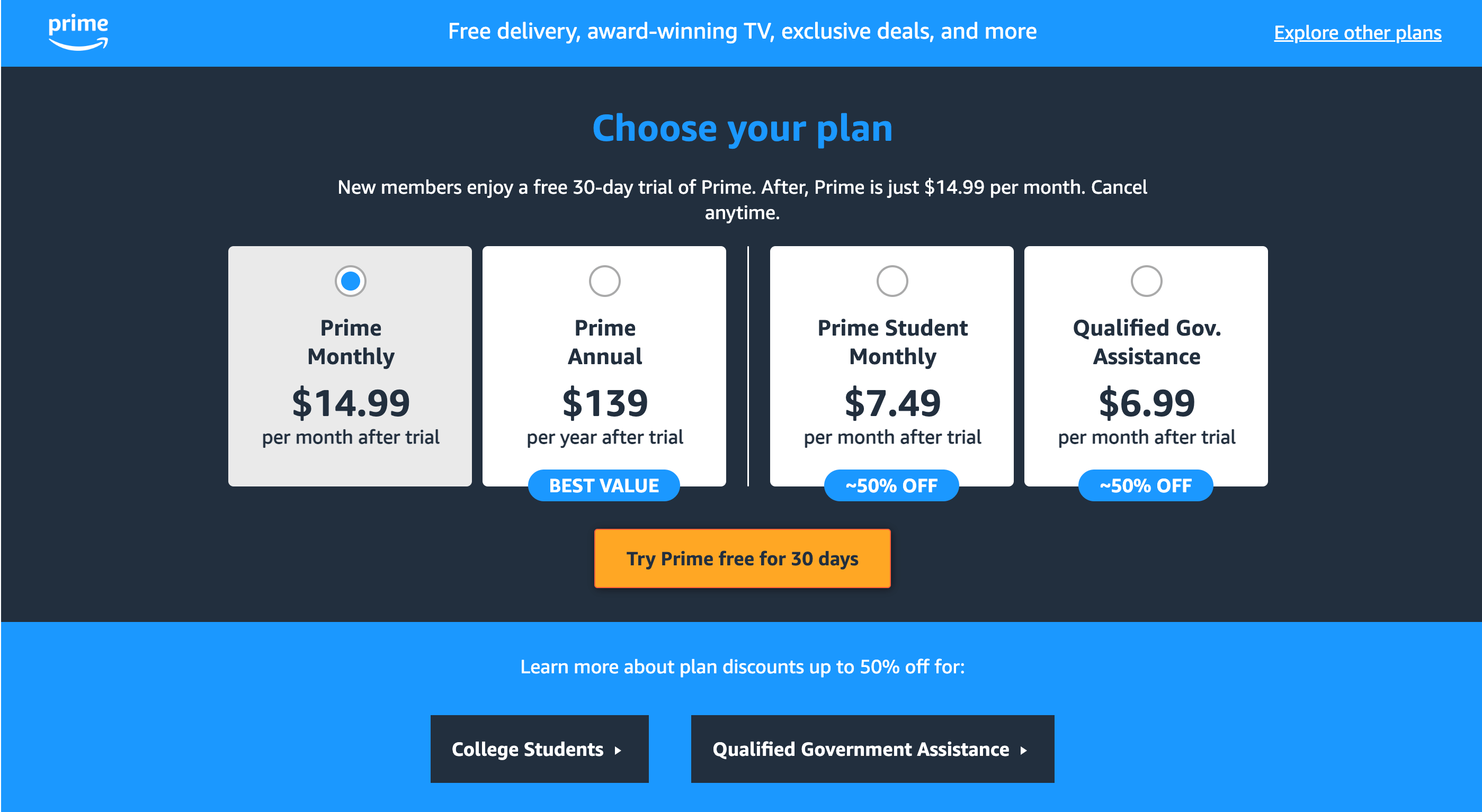 A screenshot of the pricing section on Amazon Prime’s website: Choose your plan. New members enjoy a free 30-day trial of Prime. After that, Prime is just $14.99 per month. Cancel anything. The options are: Prime Monthly ($14.99 per month after trial), Prime Annual ($139 per year after trial. Best Value icon), Prime Student Monthly ($7.49 per month after trial. ~50% off sticker icon), and Qualified Gov. Assistance ($6.99 per month after trial. ~50% off icon). 