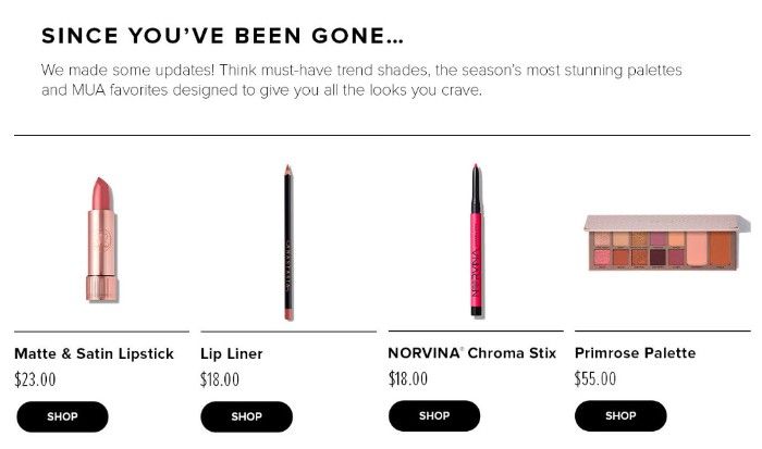 A screenshot of Anastasia Beverly Hills’ reactivation email. The text is: Since You’ve Been Gone. We made some updates! Think must-have trend shades, the season’s most stunning palettes and MUA favorites designed to give you all the looks you crave. There are then 4 product images with a “Shop” CTA and price below each: Matte and Satin Lipstick, Lip Liner, NORVINA Chroma Stix, and Primrose Palette.