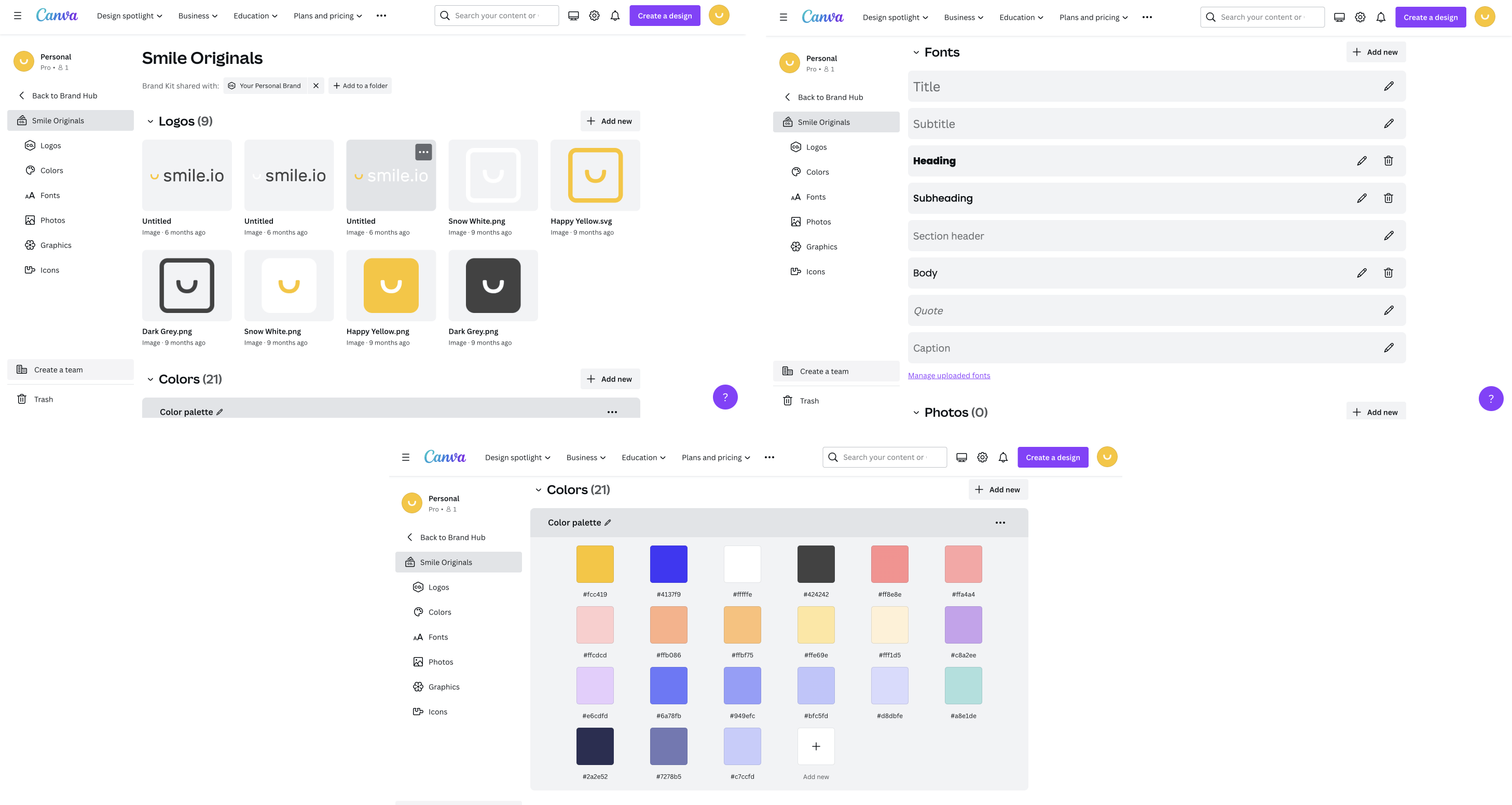 A screenshot showing 3 pictures of Smile’s brand kit on Canva Pro. It shows all the logos, colors, and fonts that Smile uses. 