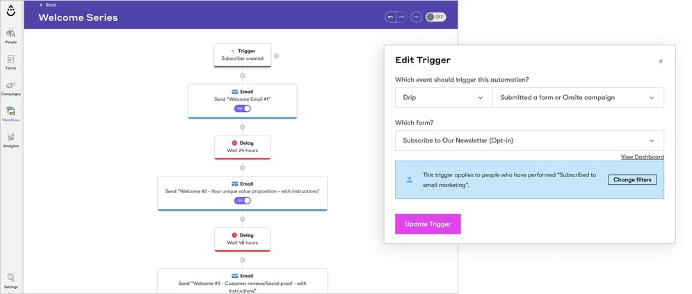 2 screenshots showing an email marketing automation tool outlining the flow for a Welcome Series campaign. The first screenshot shows a vertical flow chart outlining the steps in the process: Trigger (subscriber created), Email (send “Welcome Email #1), Delay (wait 24 hours), Email (send “welcome #2 - Your unique value proposition - with instructions”), Delay (wait 48 hours), and Email (send “Welcome #3 - customer reviews/ social proof - with instructions”). The second screenshot shows the page and options for editing the flow’s trigger: the website, the action required, and the specific website form that needs to be filled out.