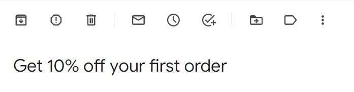 A screenshot showing Framebirdge’s other welcome email: Get 10% off your first order. 