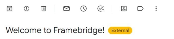 A screenshot showing Framebridge’s welcome email subject line: Welcome to Framebridge! 