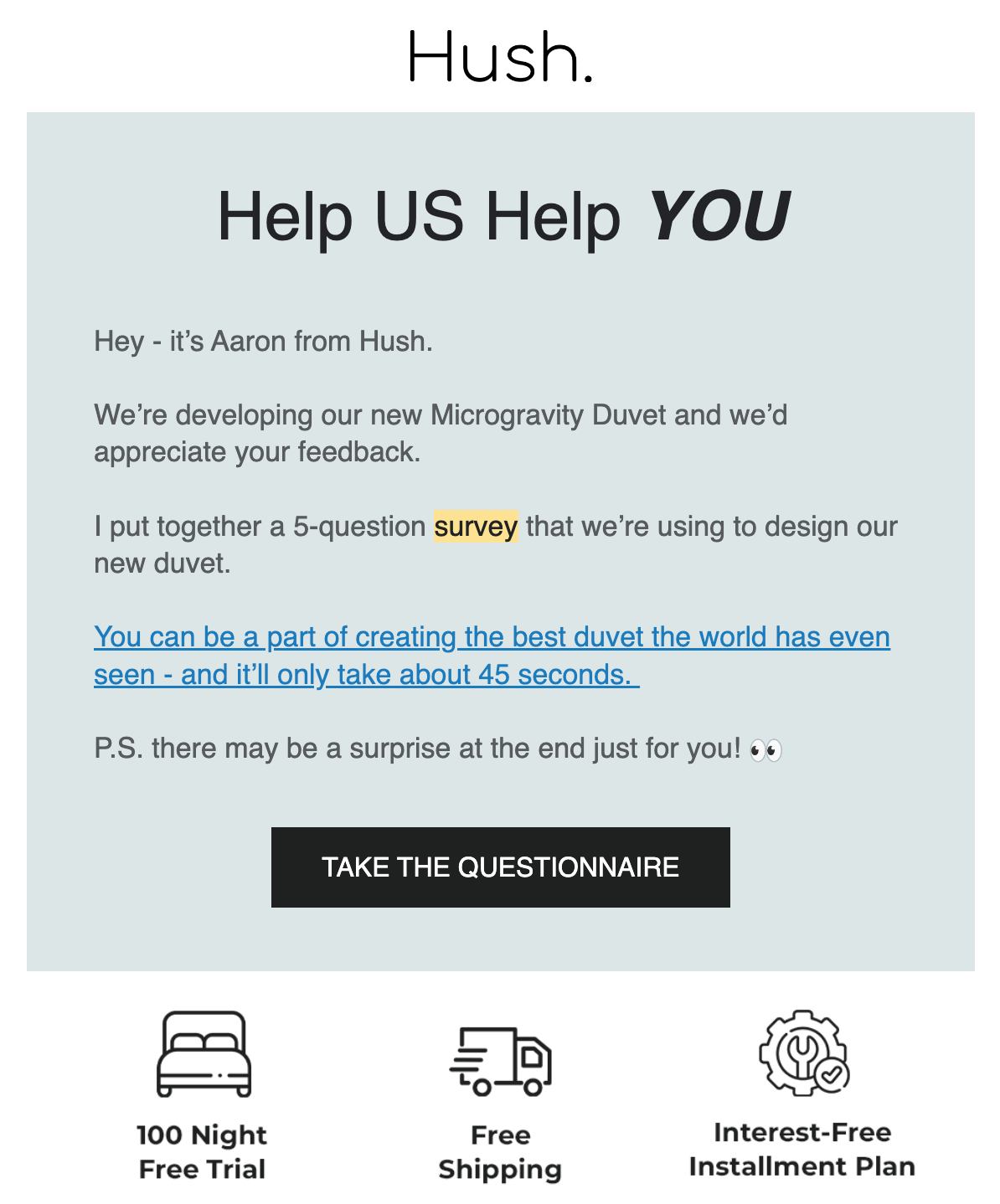screenshot of Hush blanket's email about a survey