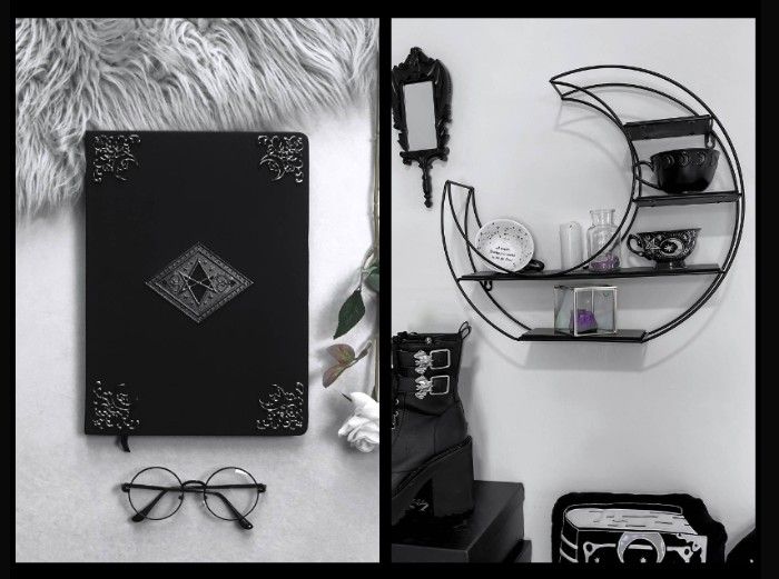 A screenshot of Killstar’s cart abandonment email showing images of product recommendations. There is a black leather notebook with celestial designs and a wall shelf shaped like a crescent moon. 