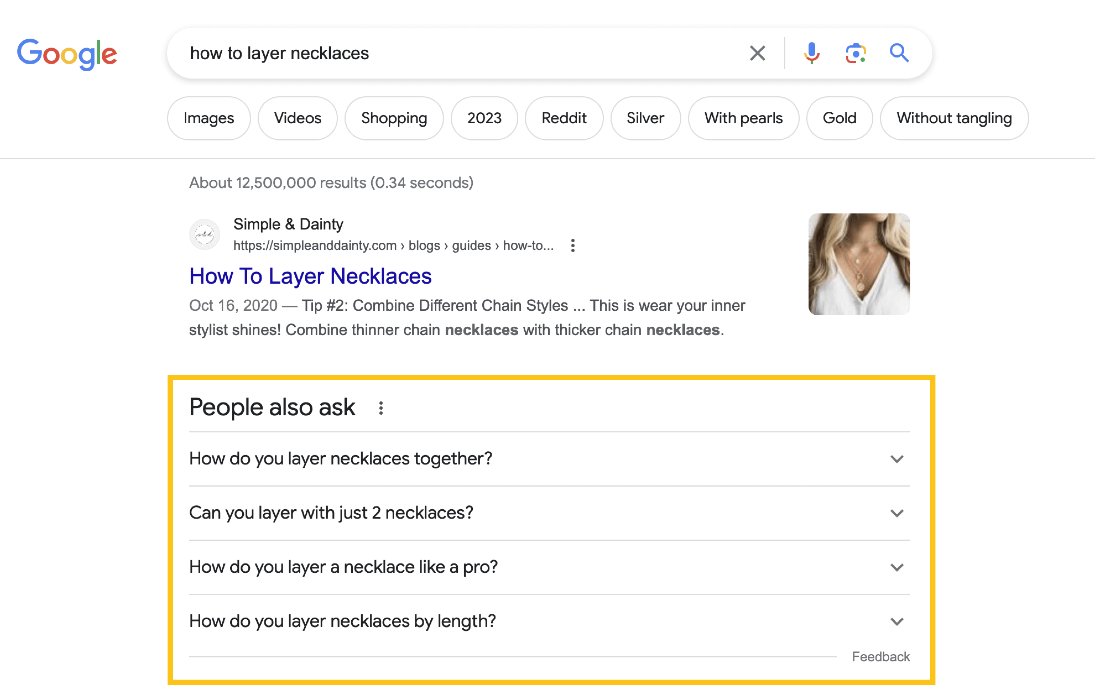 A screenshot of a Google results page for the search query: how to layer necklaces. The People also ask section is highlighted in a yellow box. The queries shown in that section are: how do you layer necklaces together, can you layer with just 2 necklaces, how do you layer a necklace like a pro, and how do you layer necklaces by length?